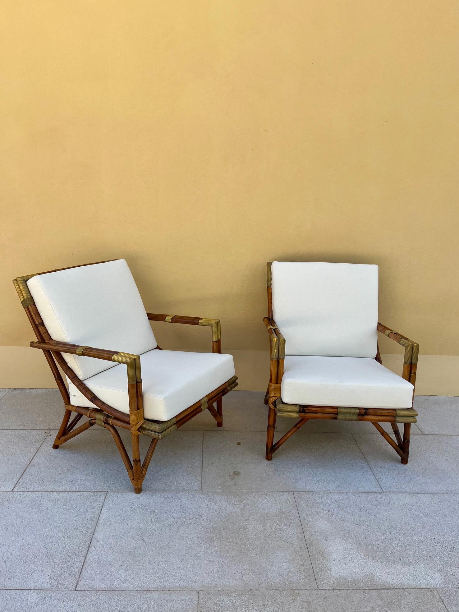 French Pair of  Lounge Chairs in Rattan and Brass, by Maison et Jardin, 1950's  For Sale