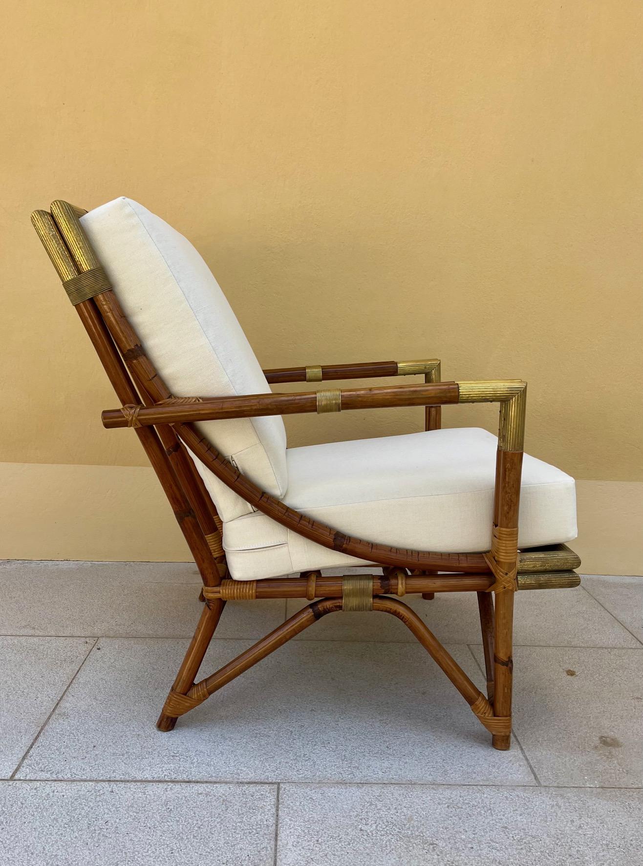 Mid-20th Century Pair of  Lounge Chairs in Rattan and Brass, by Maison et Jardin, 1950's  For Sale