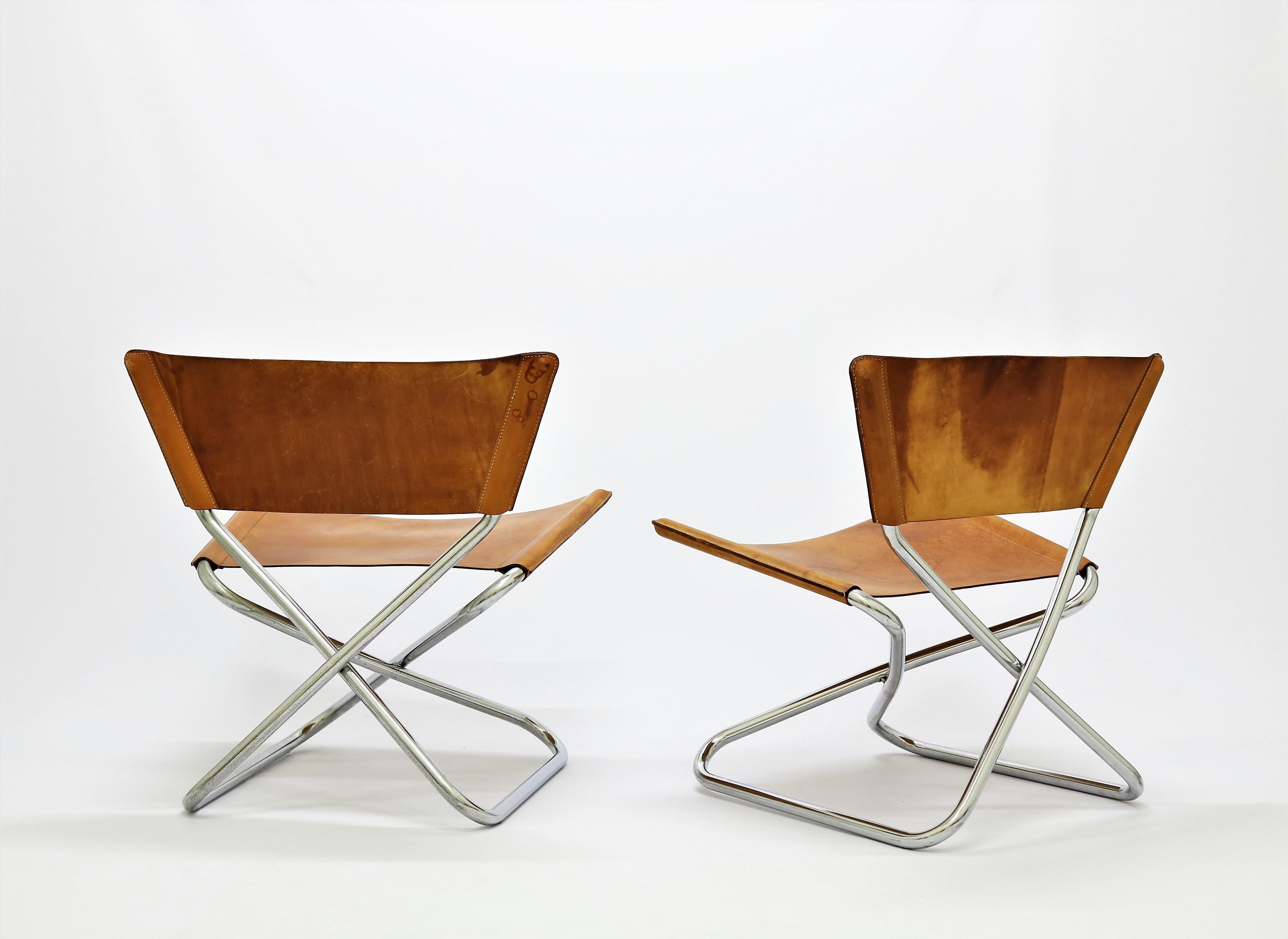 Danish Pair of Lounge Chairs in Saddle Leather and Steel by Erik Magnussen, Denmark