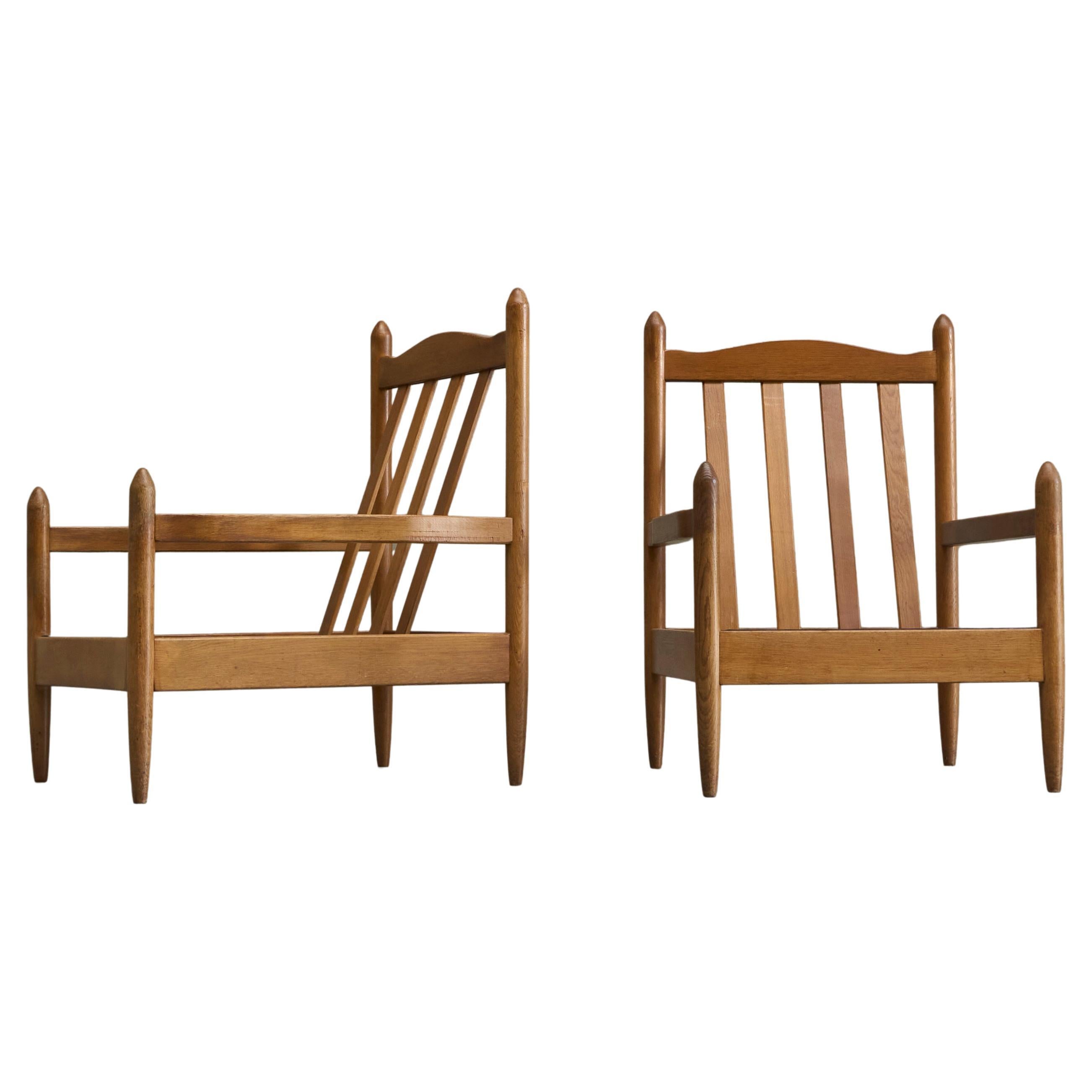 Pair of Lounge Chairs in Solid Oak To Be Reupholstered France 1960s