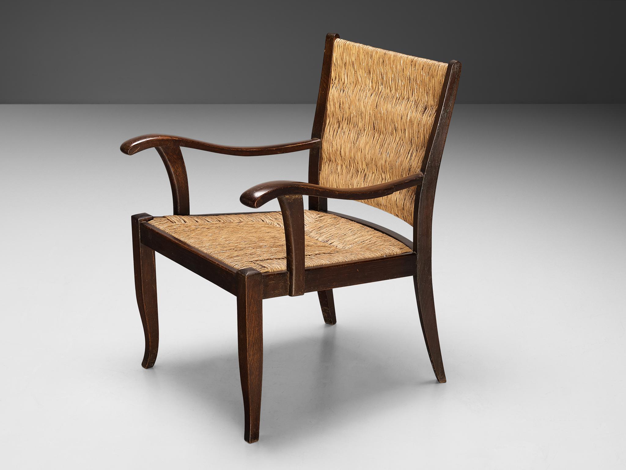 Pair of Lounge Chairs in Straw and Wood  1