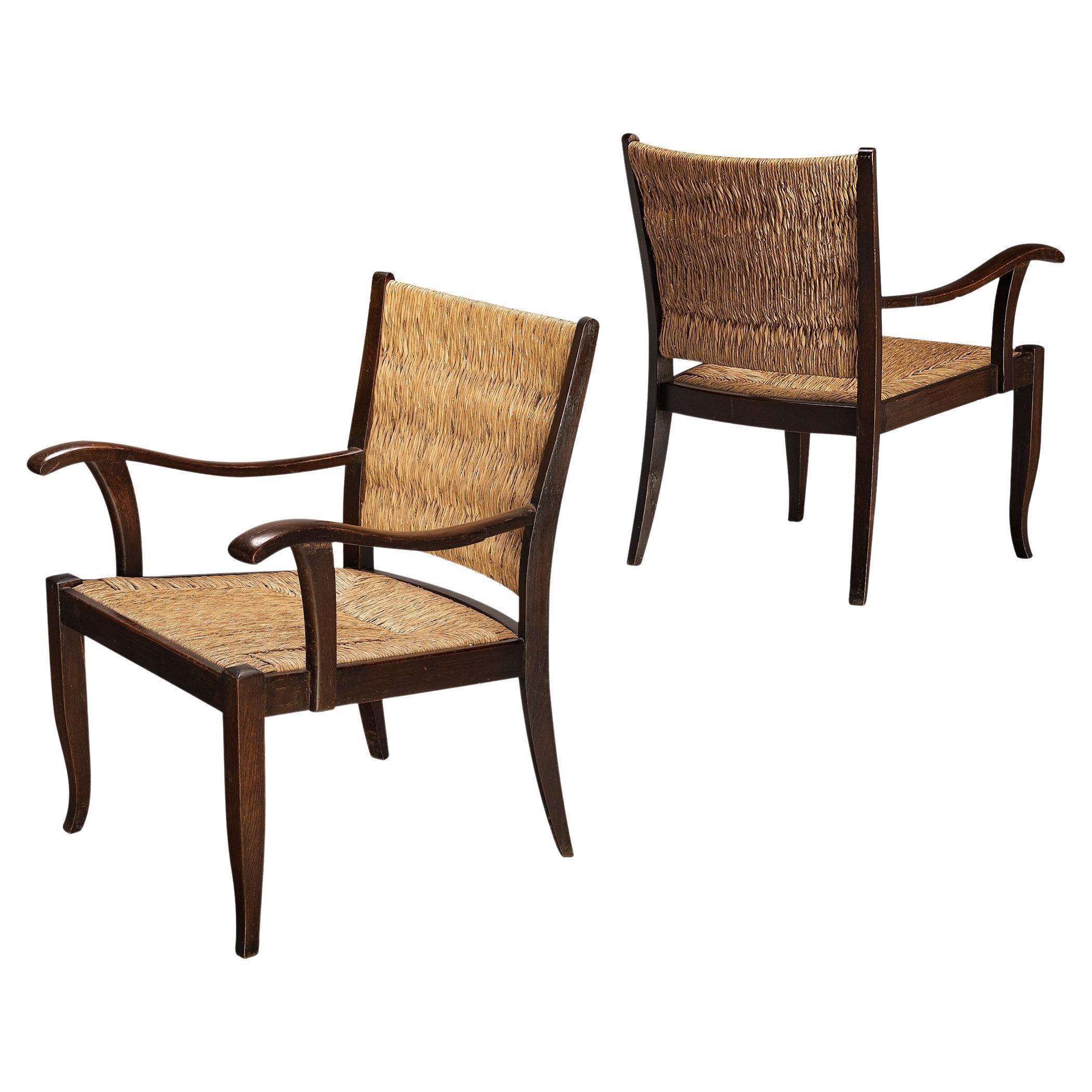 Pair of Lounge Chairs in Straw and Wood 