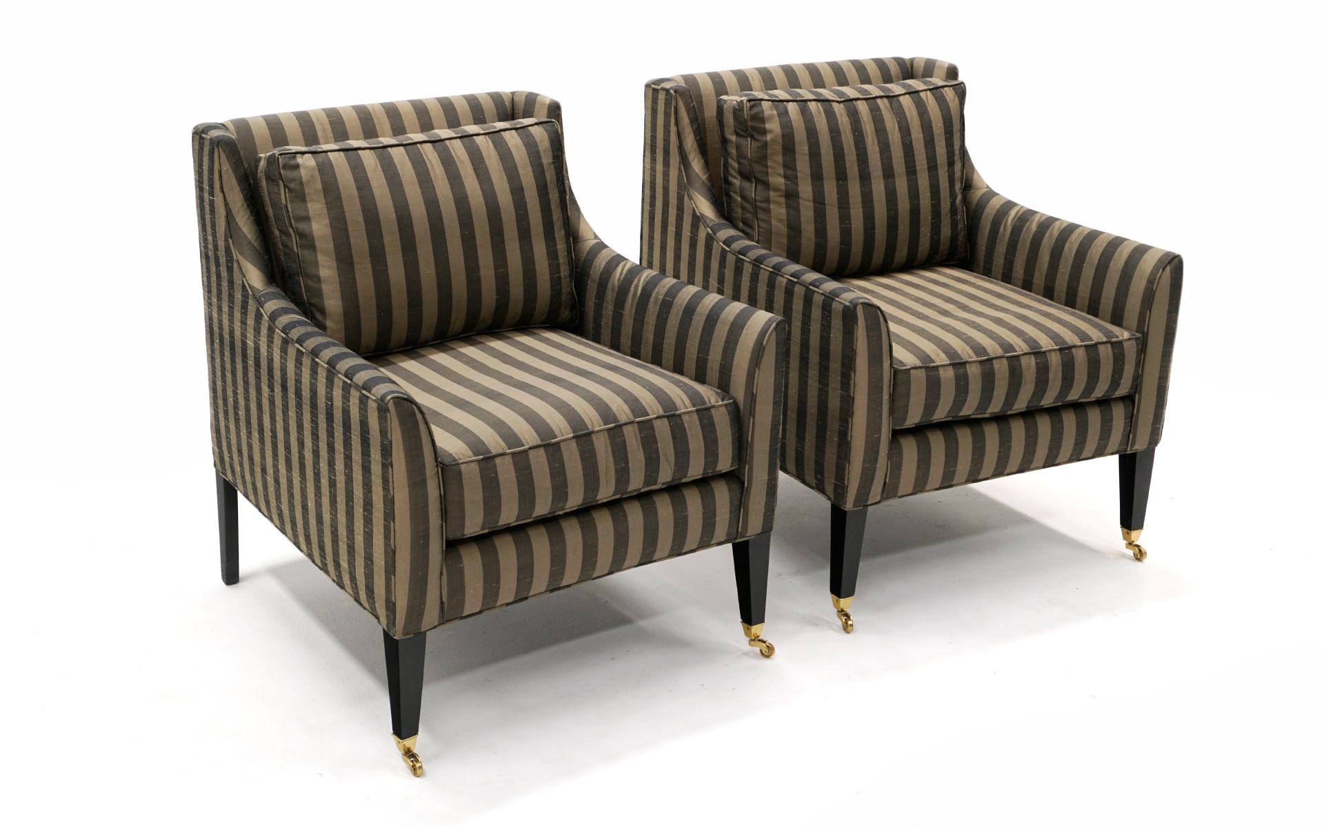 Hollywood Regency Pair of Lounge Chairs in Tan and Gray Stripes in the Style of Dunbar For Sale