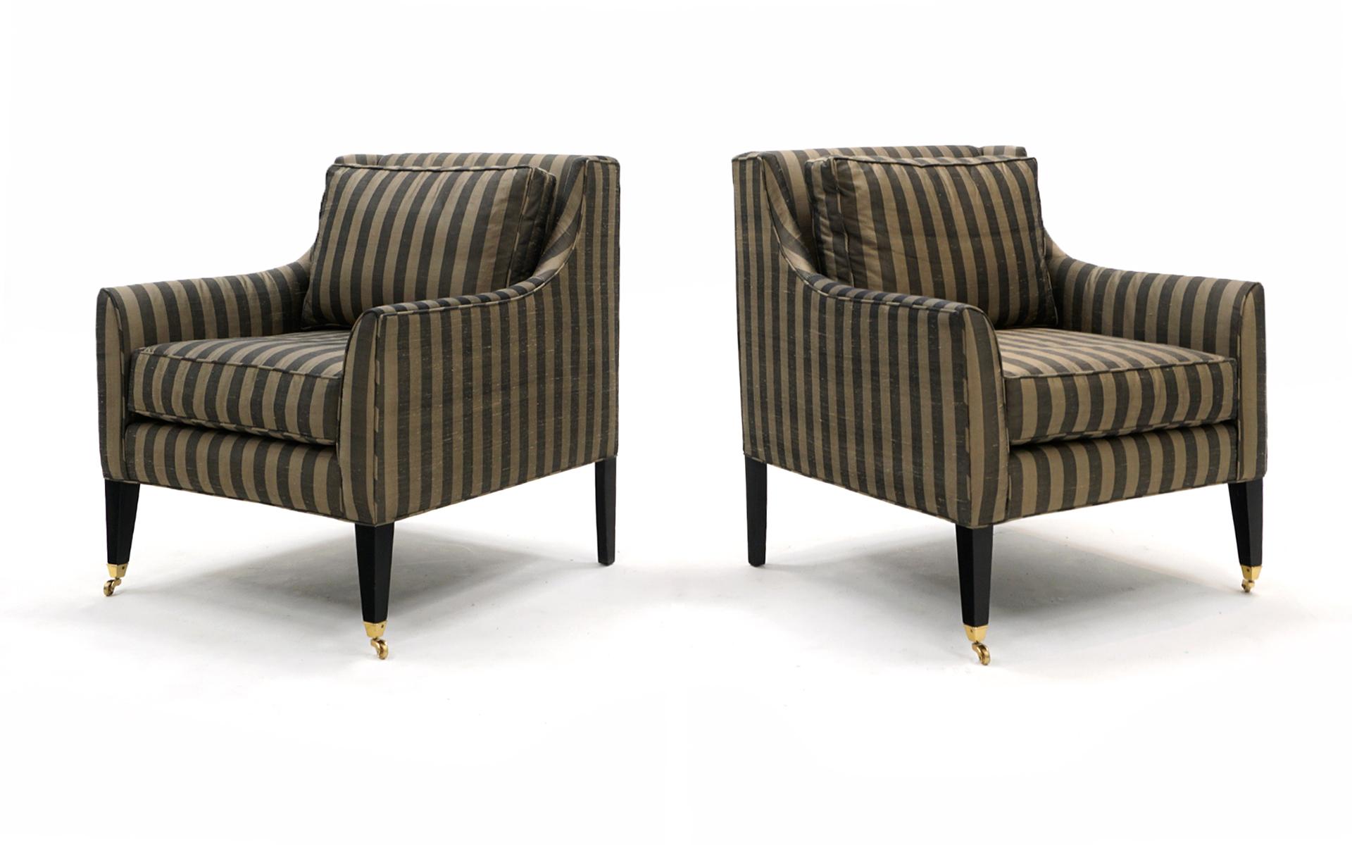 American Pair of Lounge Chairs in Tan and Gray Stripes in the Style of Dunbar For Sale