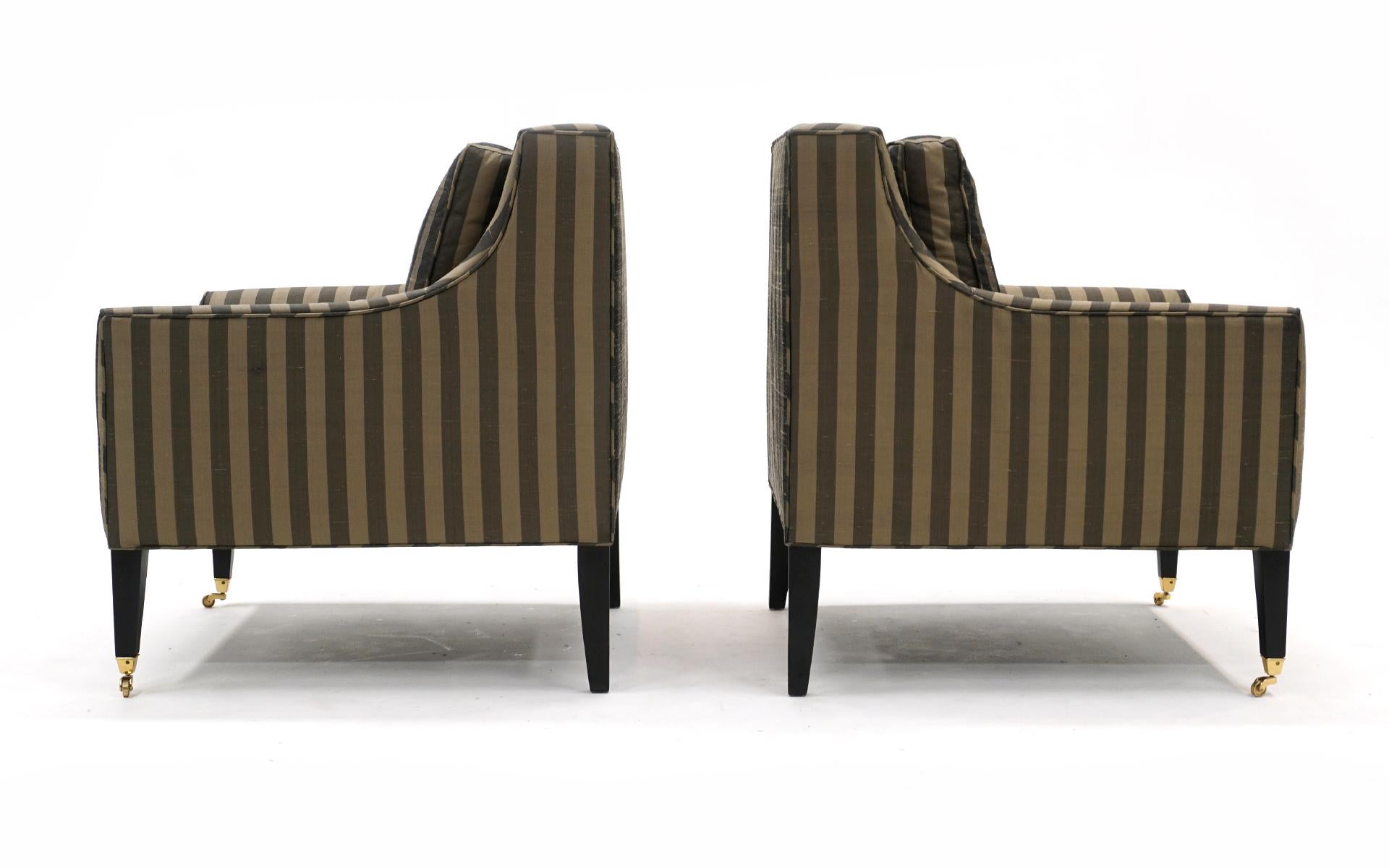 Pair of Lounge Chairs in Tan and Gray Stripes in the Style of Dunbar In Good Condition For Sale In Kansas City, MO