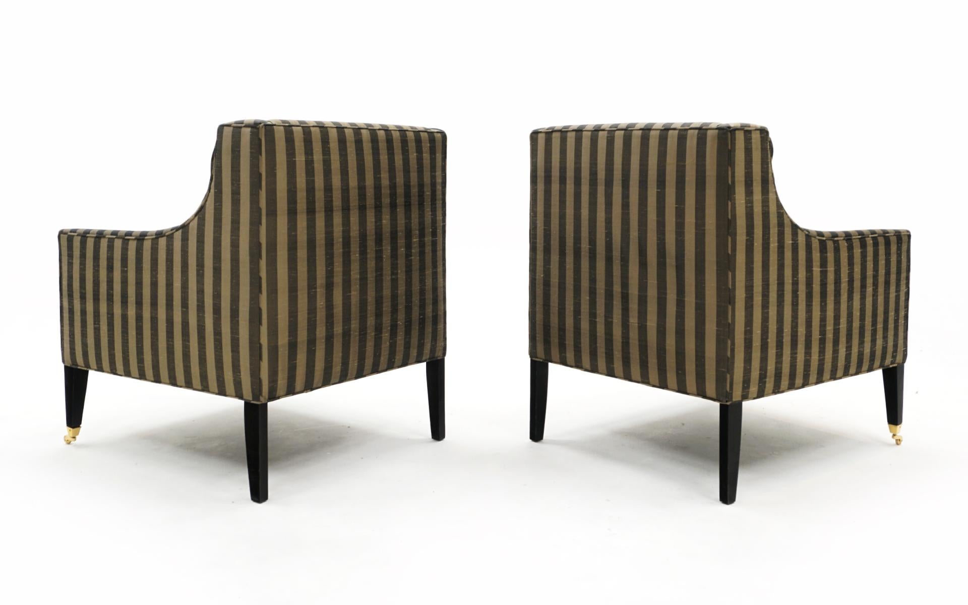 Late 20th Century Pair of Lounge Chairs in Tan and Gray Stripes in the Style of Dunbar For Sale