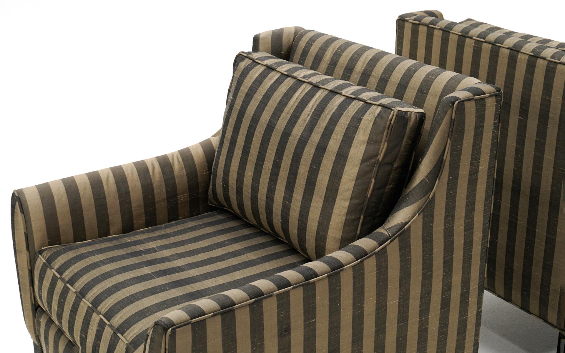 Upholstery Pair of Lounge Chairs in Tan and Gray Stripes in the Style of Dunbar For Sale