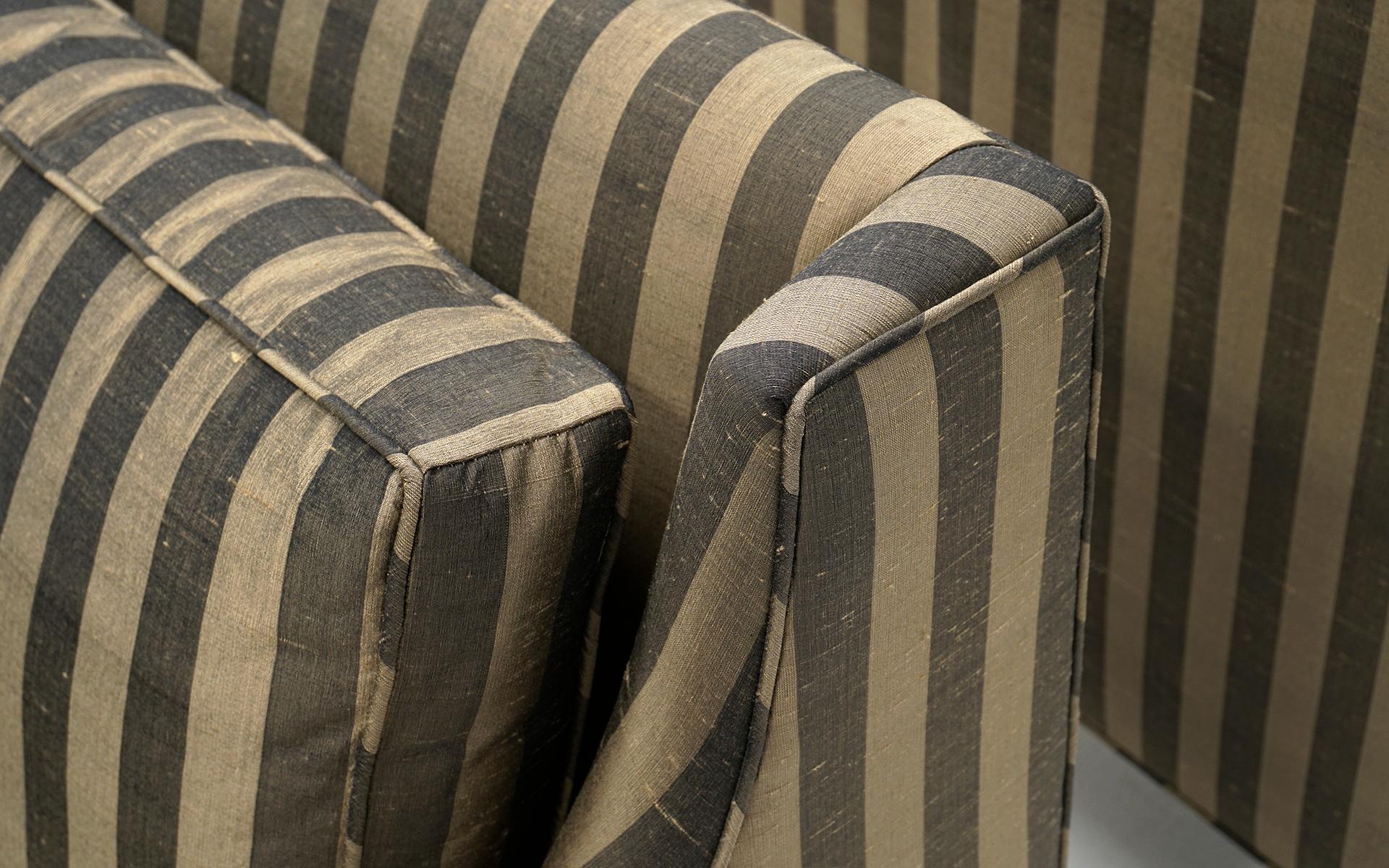 Pair of Lounge Chairs in Tan and Gray Stripes in the Style of Dunbar For Sale 1