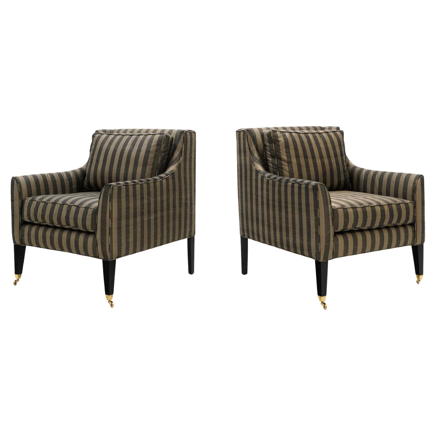 Pair of Lounge Chairs in Tan and Gray Stripes in the Style of Dunbar For Sale
