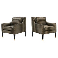 Vintage Pair of Lounge Chairs in Tan and Gray Stripes in the Style of Dunbar