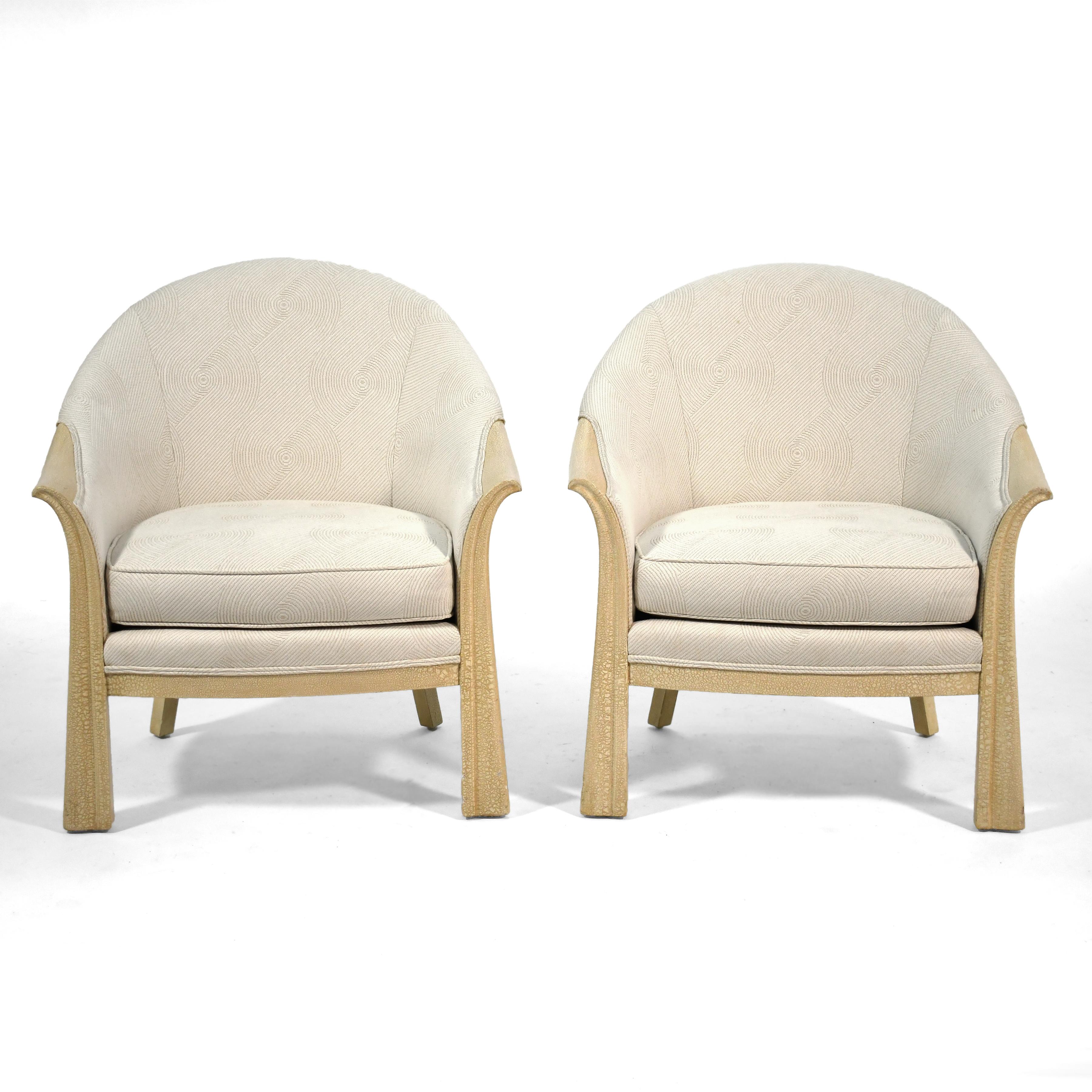 These two lovely lounge chairs are reproductions of a Pierre Chareau design. They were commissioned by important Chicago interior designer Roy Klipp (1923-2010) and fabricated by Interior Crafts. They have an eggshell finish to the frames and are
