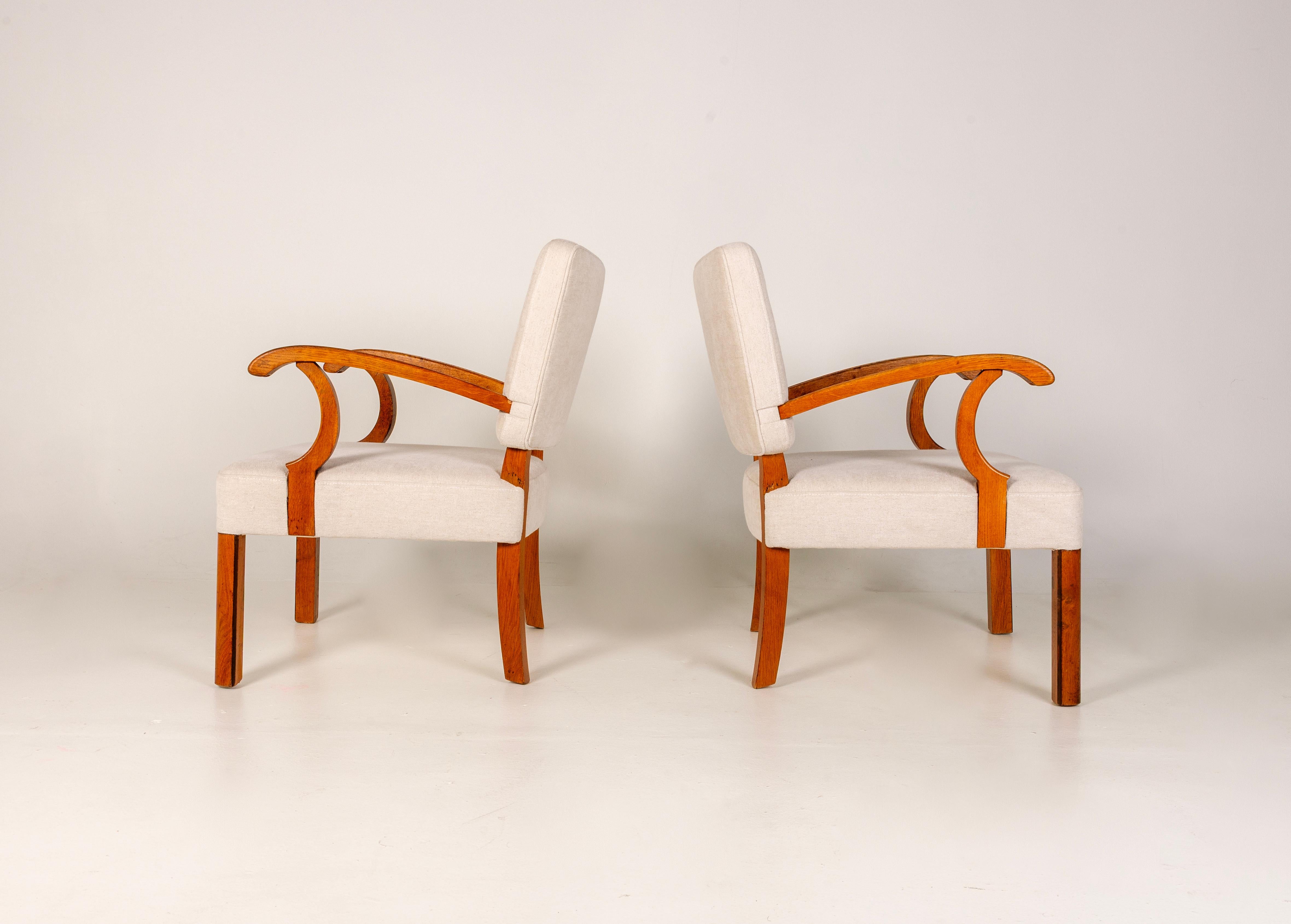Paire de chaises longues dans le style Vilhelm Lauritzen, Danemark années 1940, Oak, Beige en vente 6