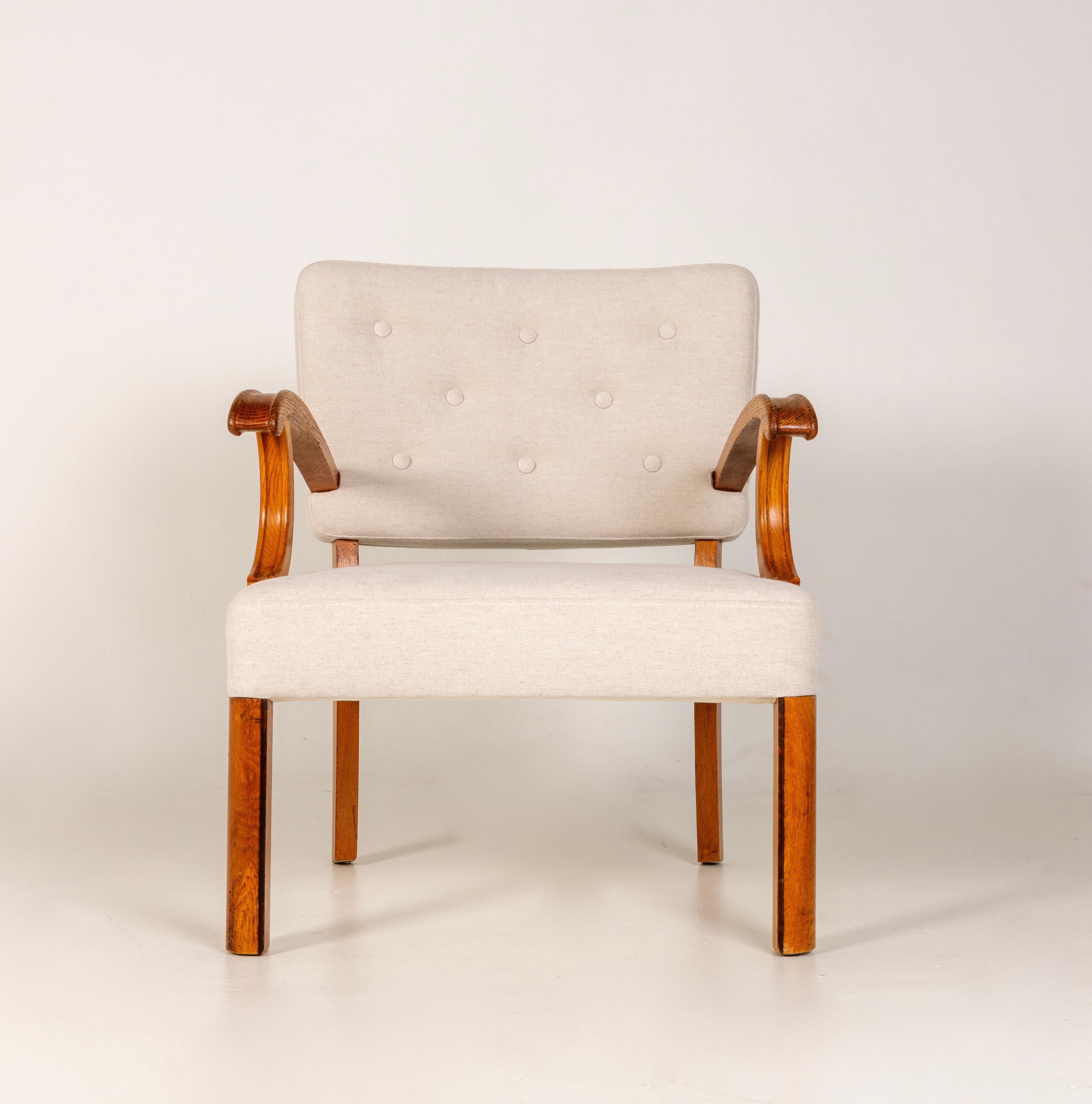Paire de chaises longues dans le style Vilhelm Lauritzen, Danemark années 1940, Oak, Beige en vente 7