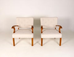 Paire de chaises longues dans le style Vilhelm Lauritzen, Danemark années 1940, Oak, Beige