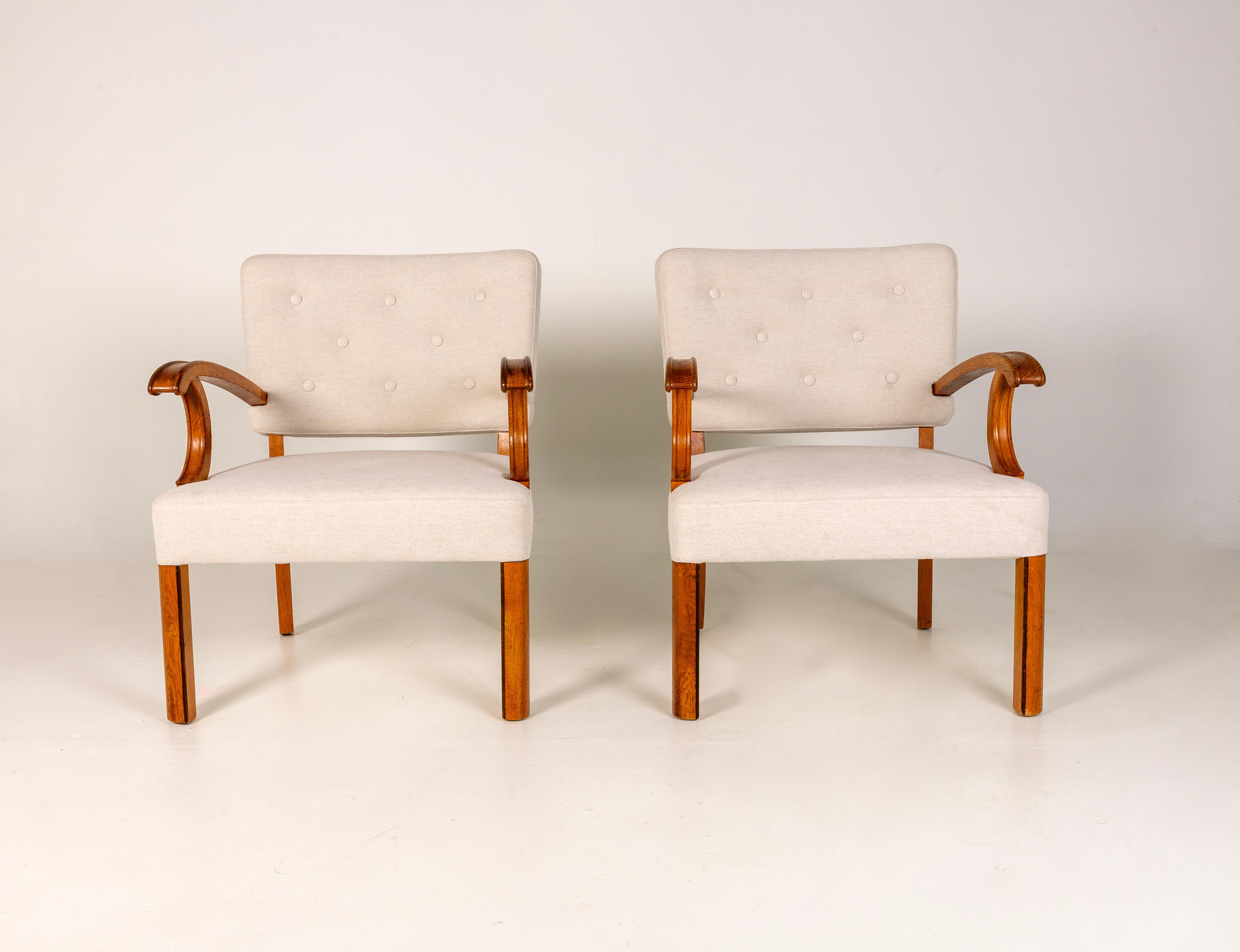 Scandinave moderne Paire de chaises longues dans le style Vilhelm Lauritzen, Danemark années 1940, Oak, Beige en vente