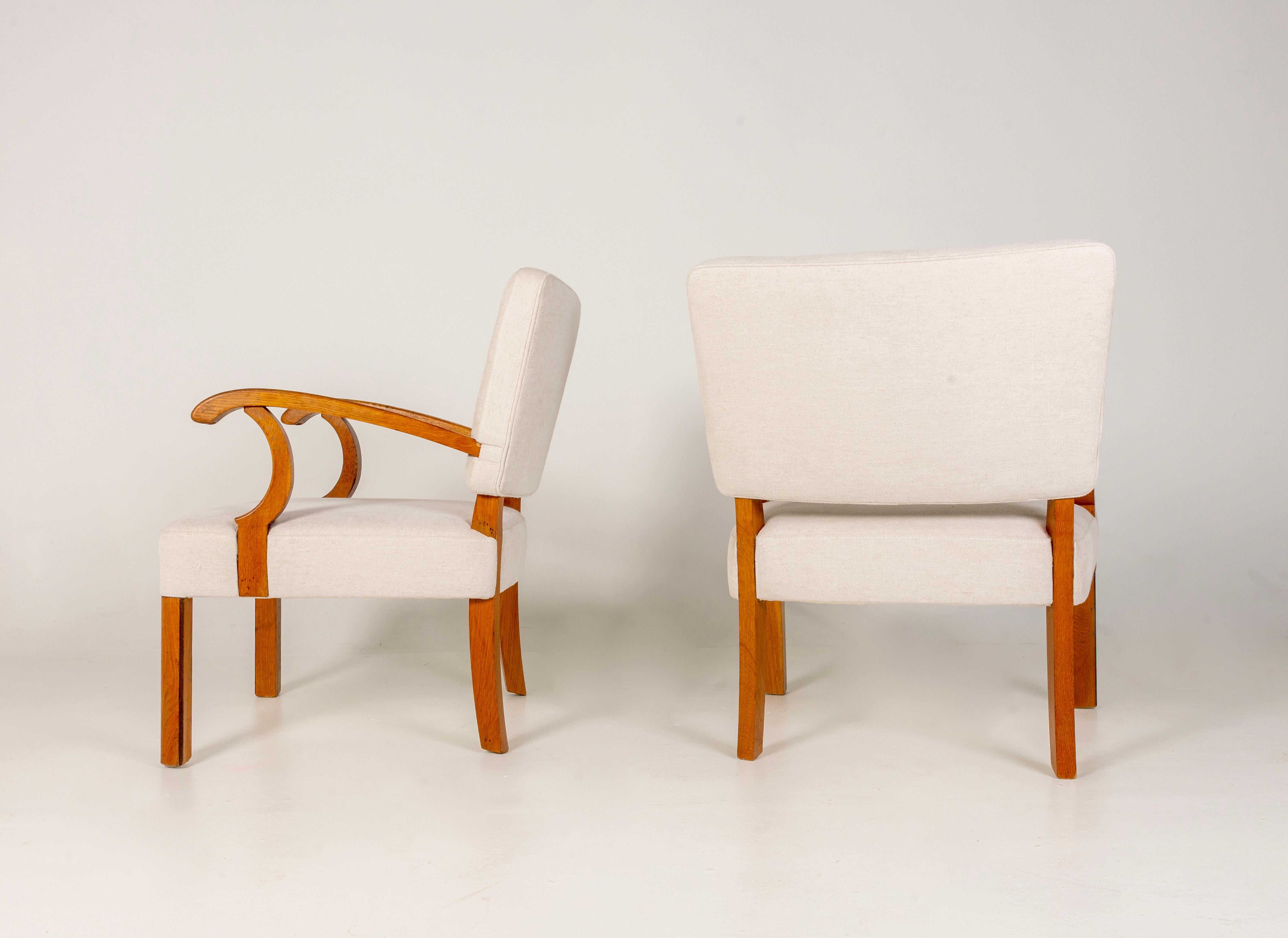 Paire de chaises longues dans le style Vilhelm Lauritzen, Danemark années 1940, Oak, Beige en vente 2