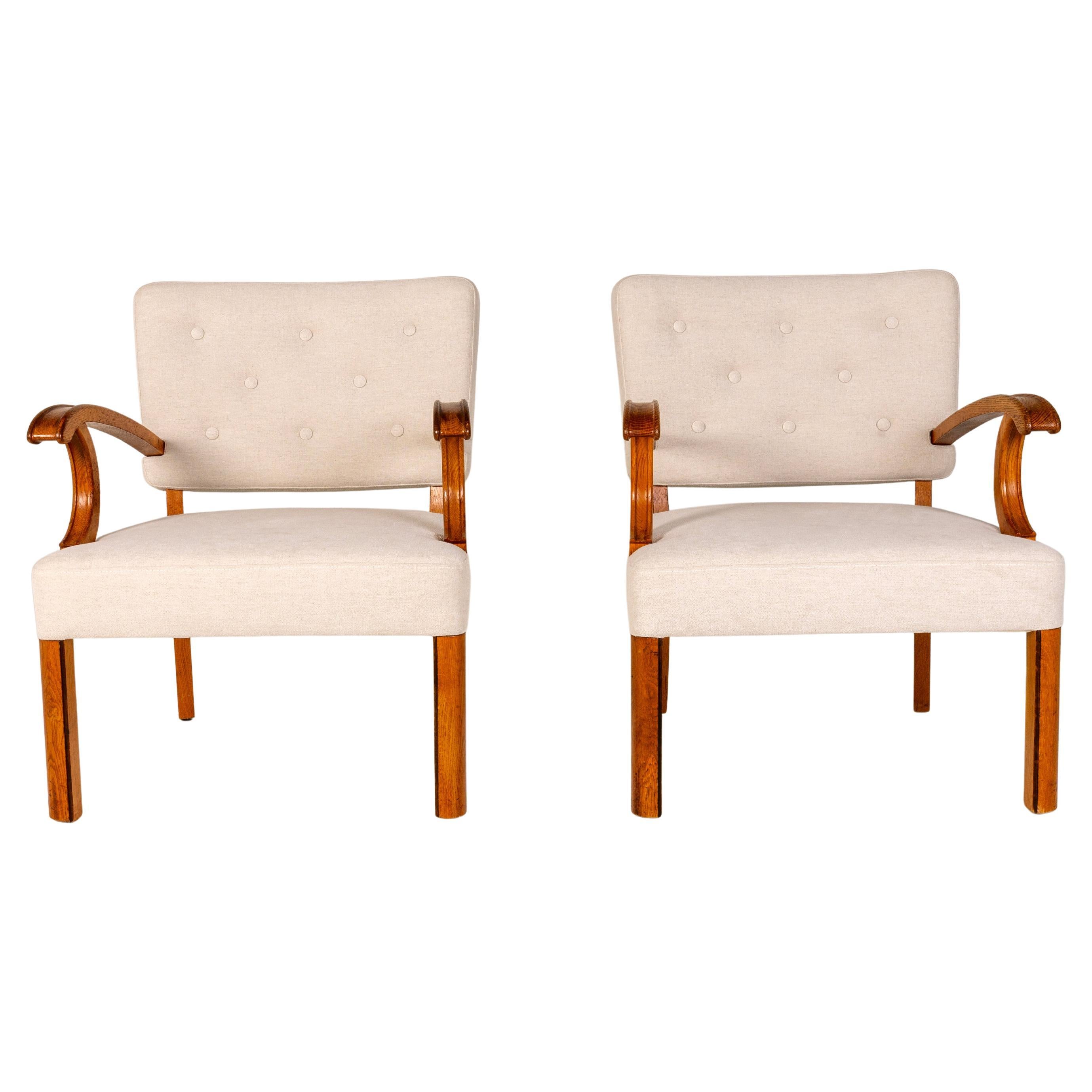 Paire de chaises longues dans le style Vilhelm Lauritzen, Danemark années 1940, Oak, Beige