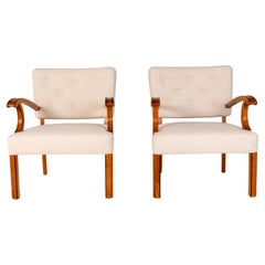 Paire de chaises longues dans le style Vilhelm Lauritzen, Danemark années 1940, Oak, Beige