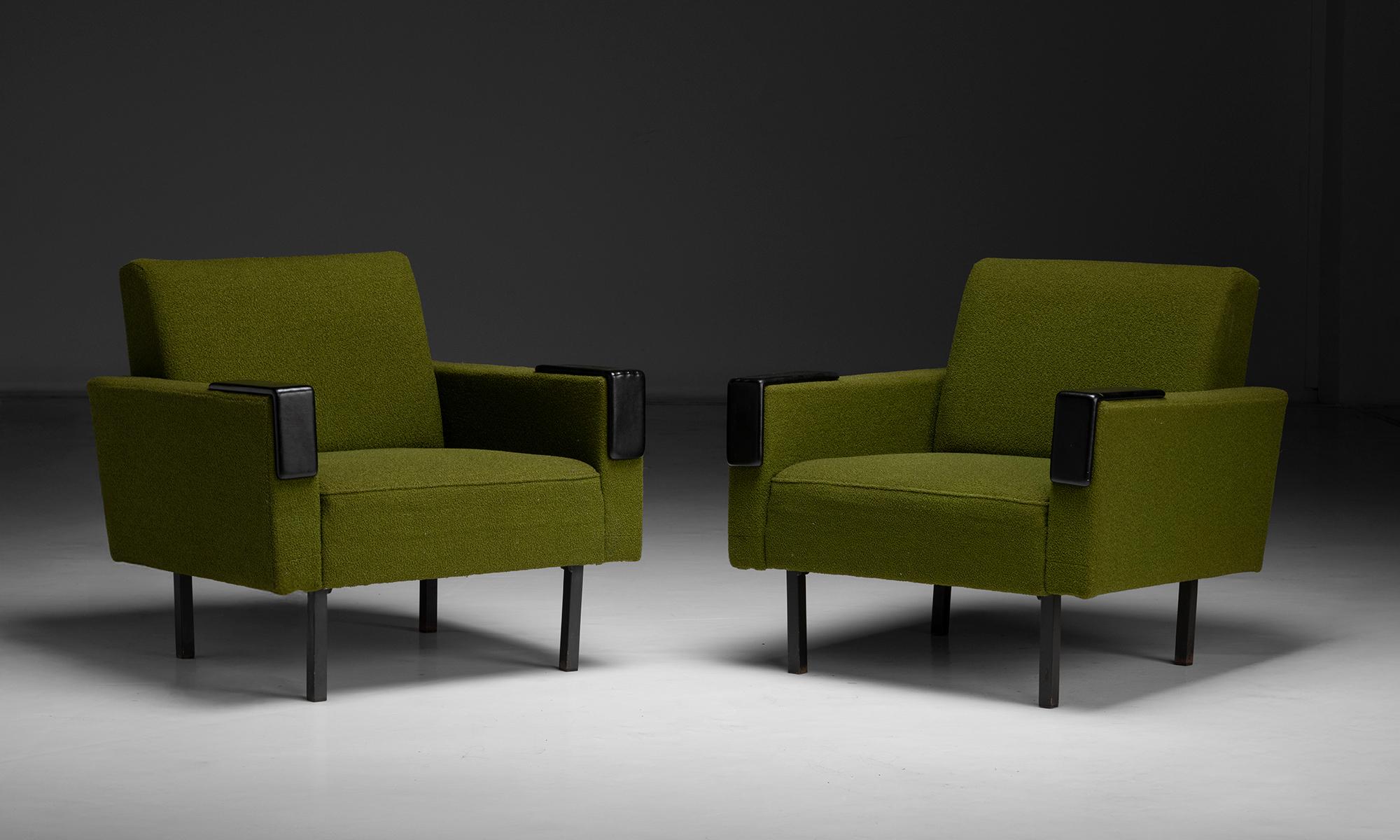 Netherlands, 1960
Geometric form, with original green boucle upholstery, on metal legs.
30”w x 29”d x 28.5”h x 14”seat
Ref. MOD
$ 5,200 pair