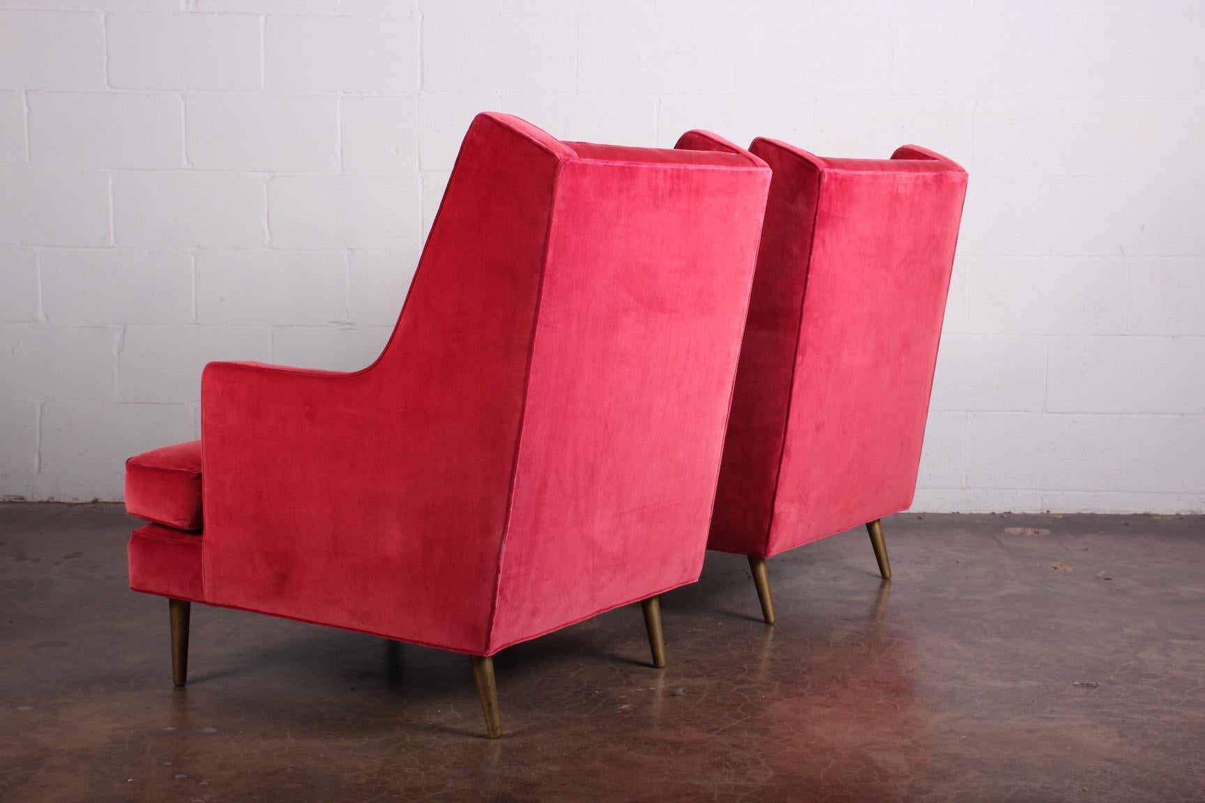 Velvet Pair of Lounge Chairs on Brass Legs by Edward Wormley for Dunbar