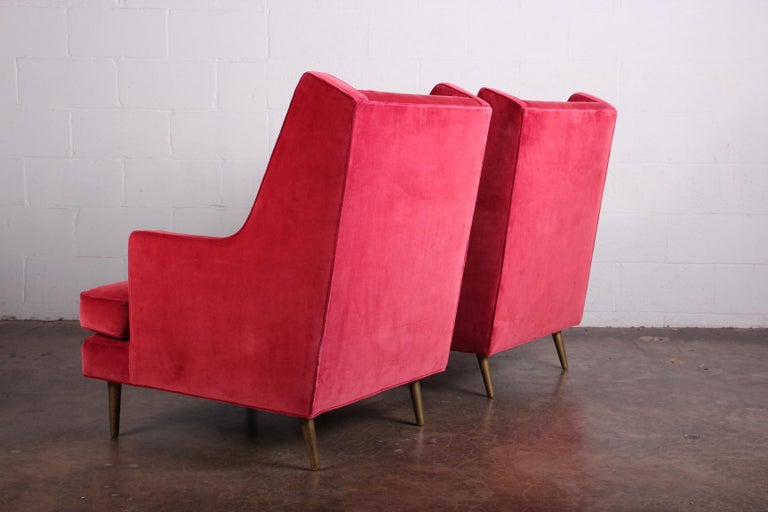 Velvet Pair of Lounge Chairs on Brass Legs by Edward Wormley for Dunbar For Sale