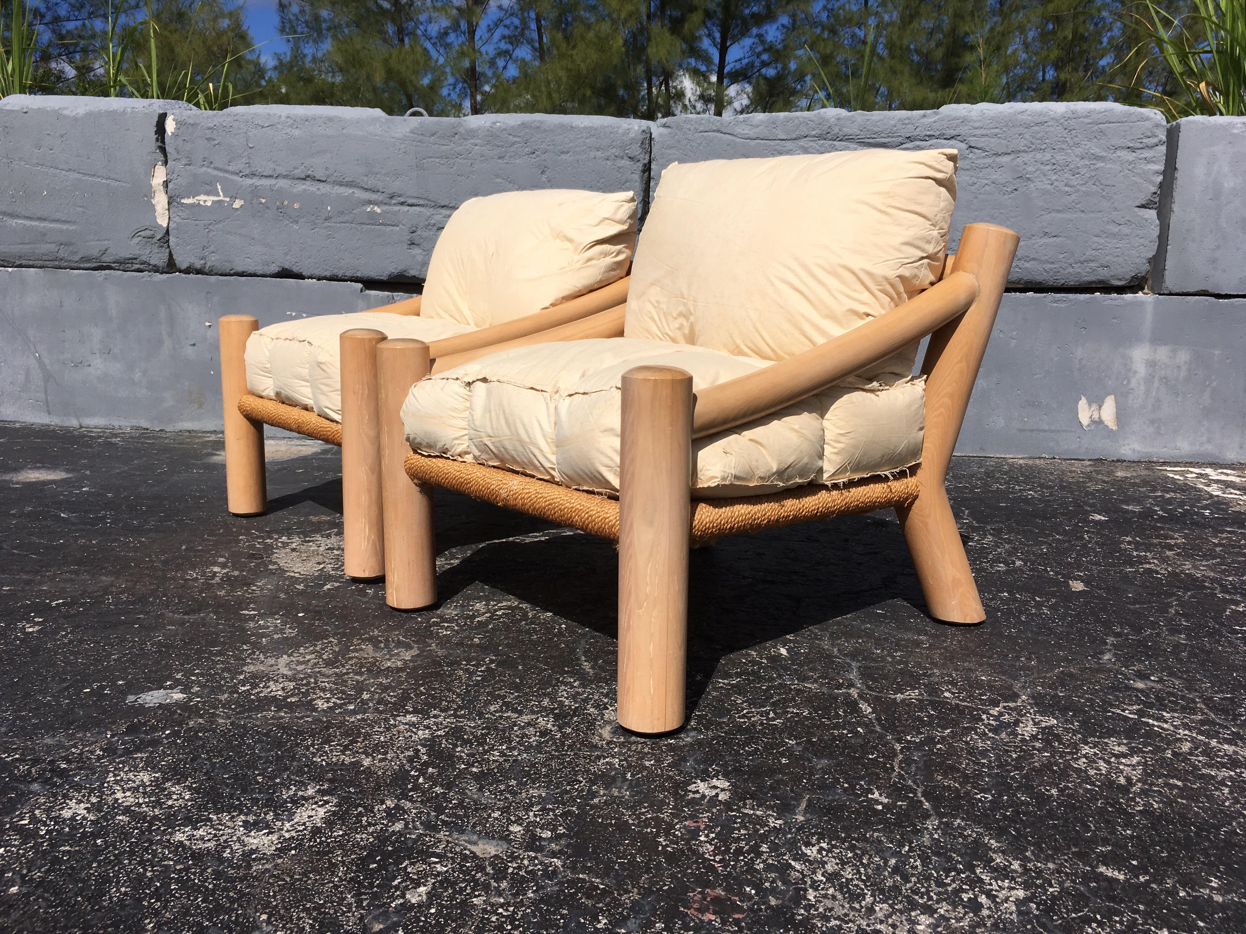 Pair of Lounge Chairs, Solid Wood with Rope, Down Filled Cushions 4