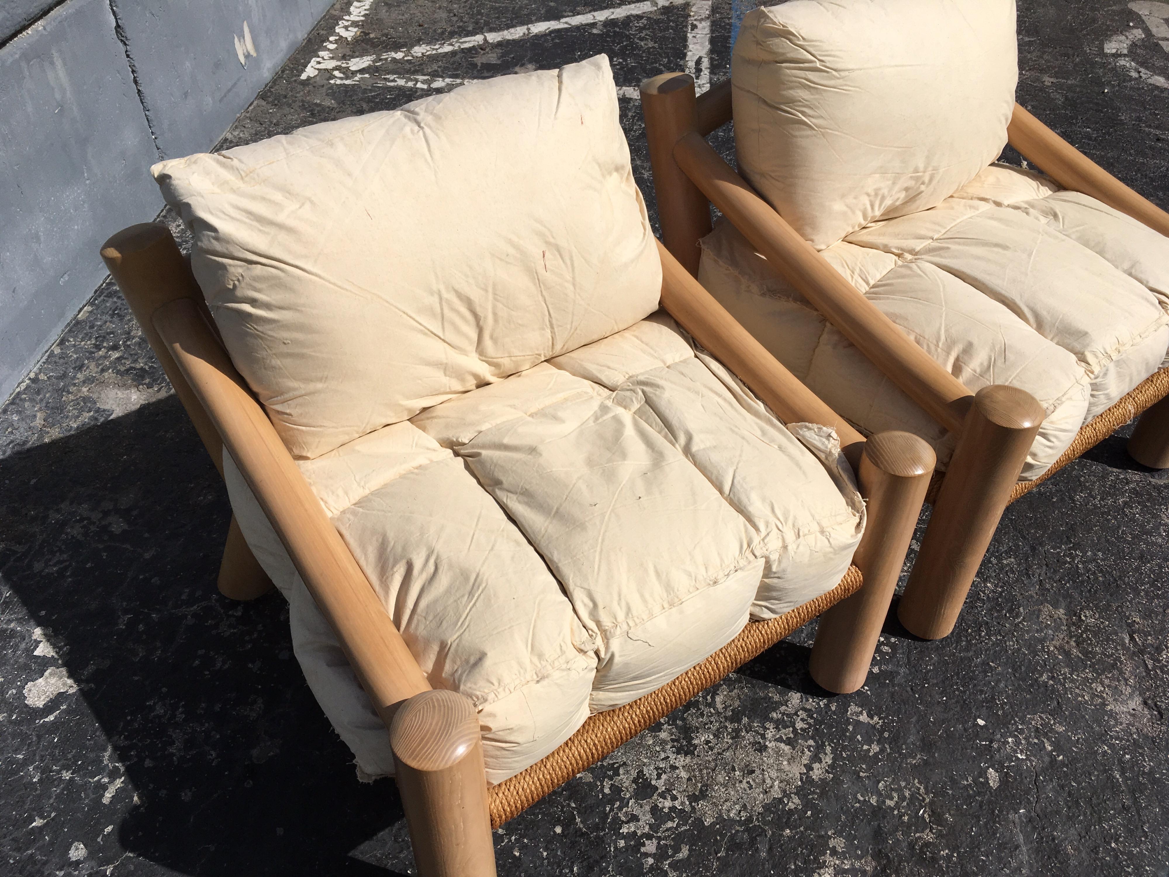 Pair of Lounge Chairs, Solid Wood with Rope, Down Filled Cushions 5