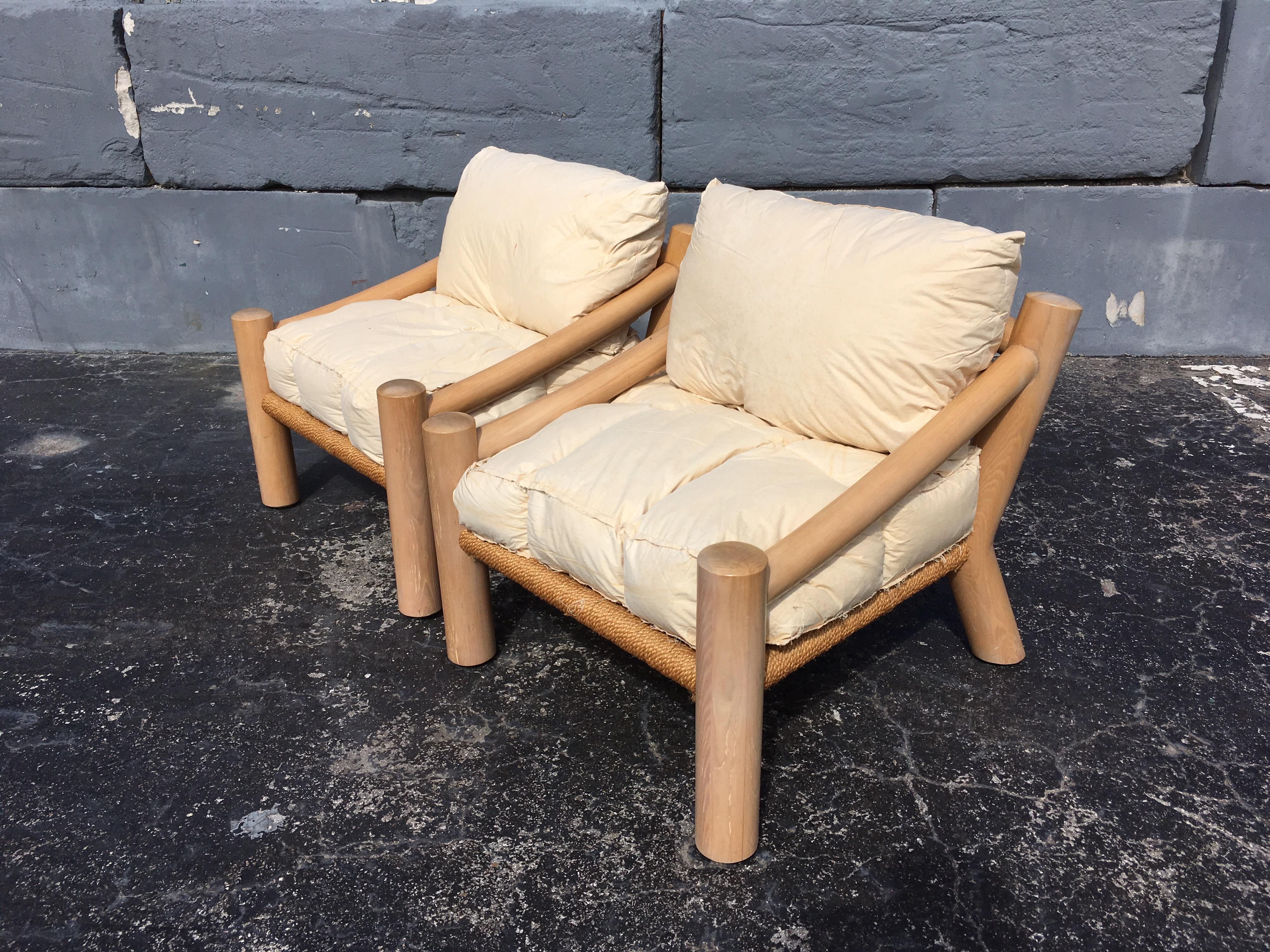 Pair of Lounge Chairs, Solid Wood with Rope, Down Filled Cushions 6