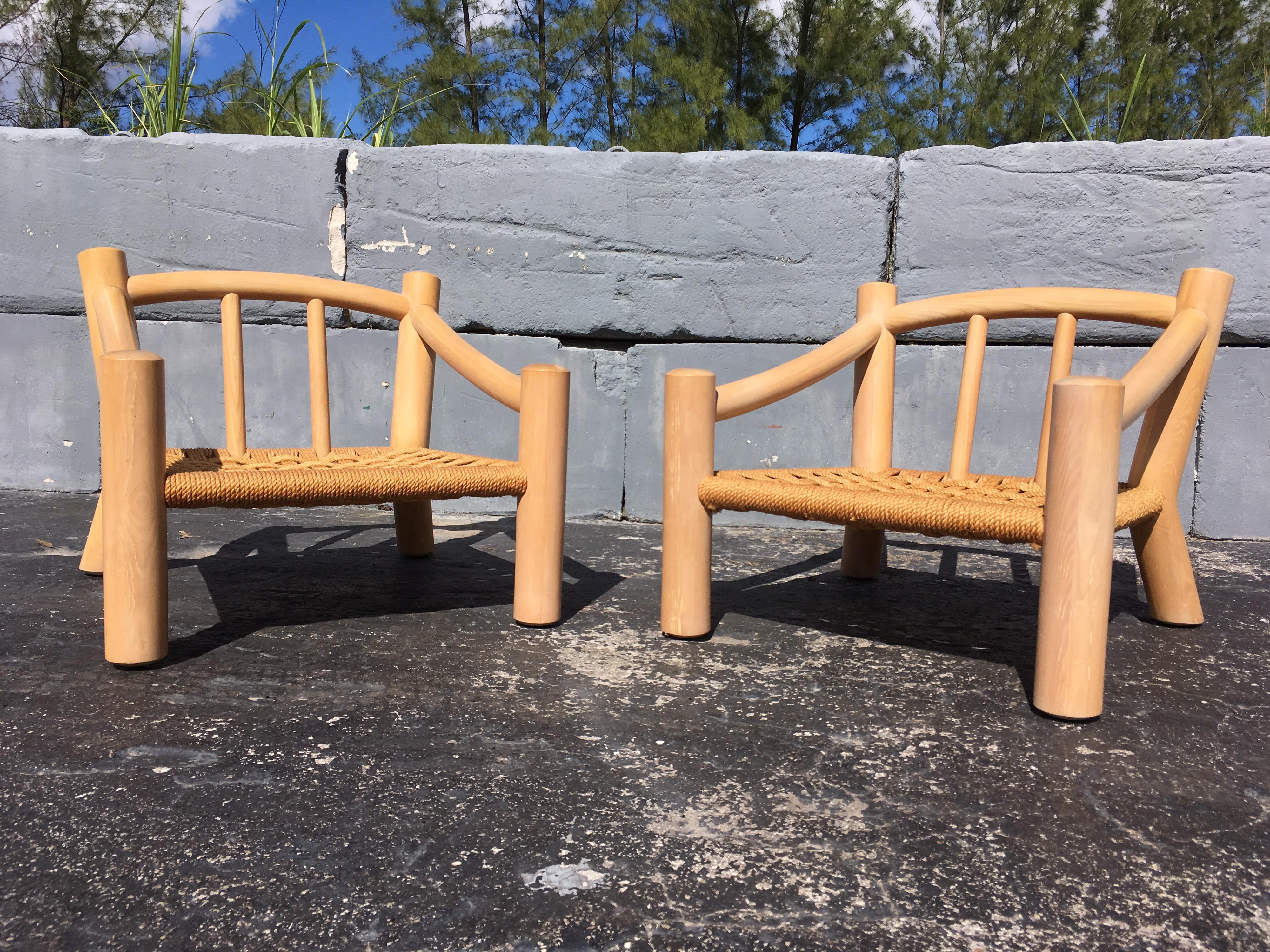 Pair of Lounge Chairs, Solid Wood with Rope, Down Filled Cushions 9