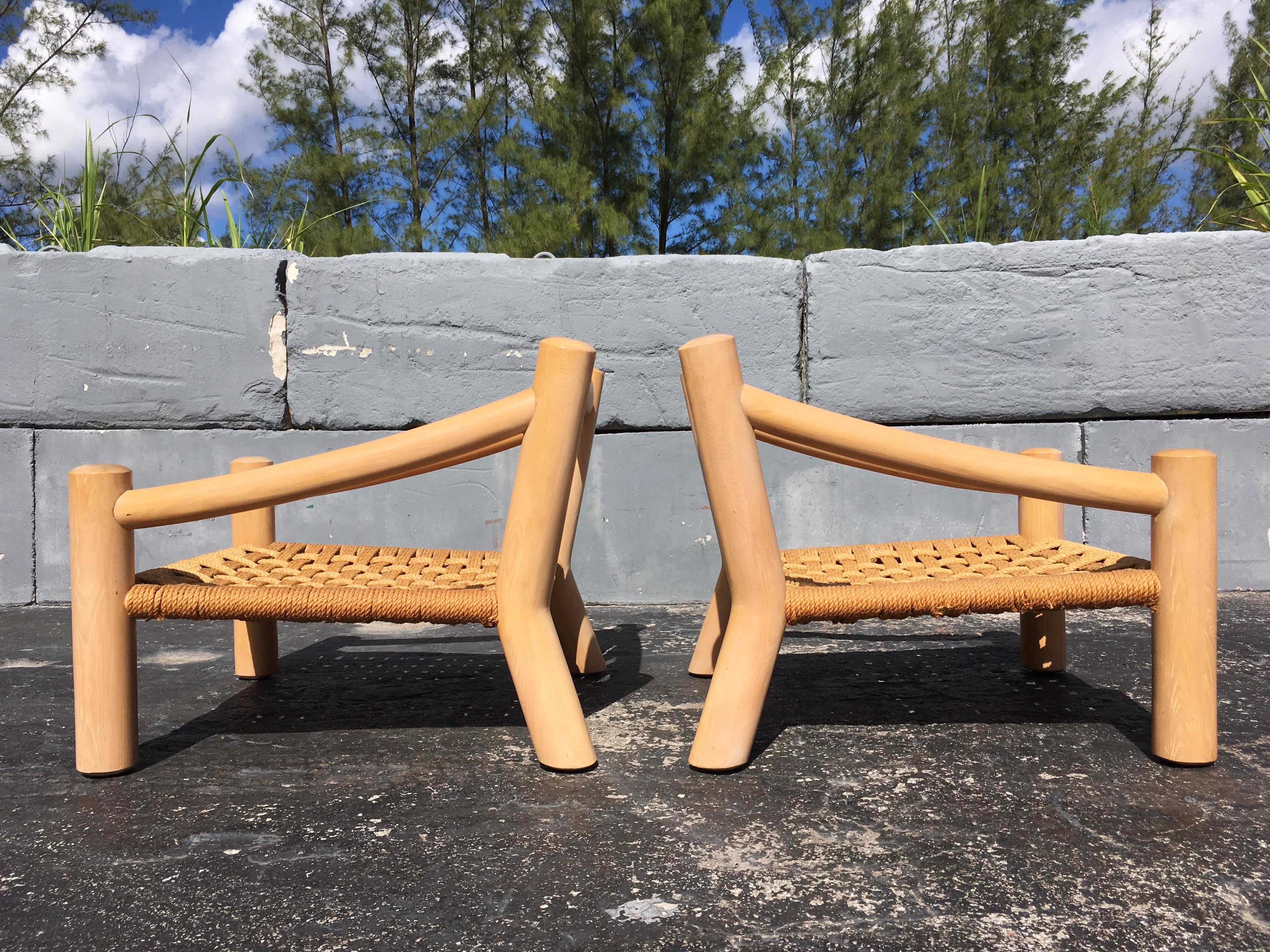 Pair of Lounge Chairs, Solid Wood with Rope, Down Filled Cushions In Good Condition In Miami, FL
