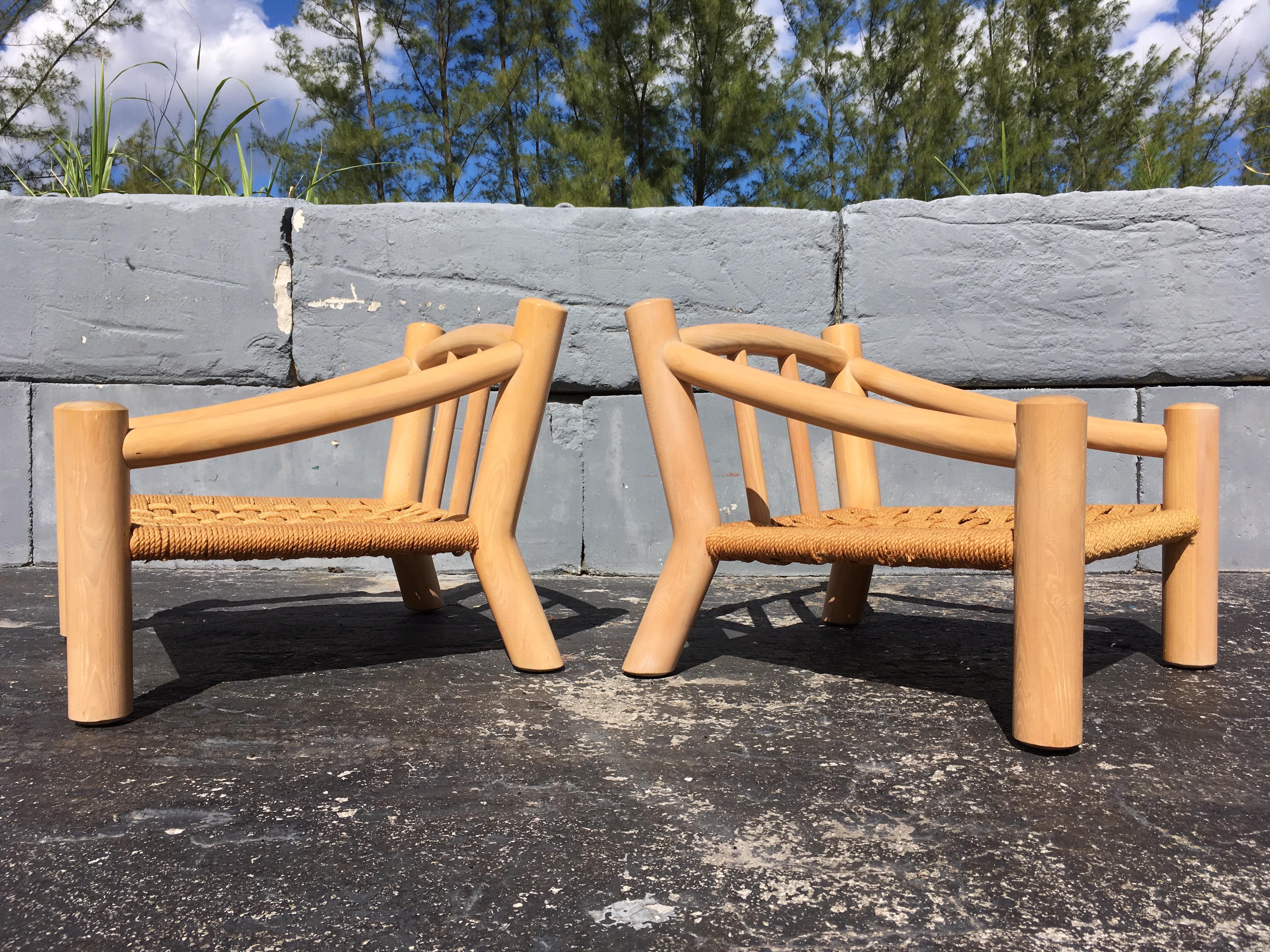 Late 20th Century Pair of Lounge Chairs, Solid Wood with Rope, Down Filled Cushions