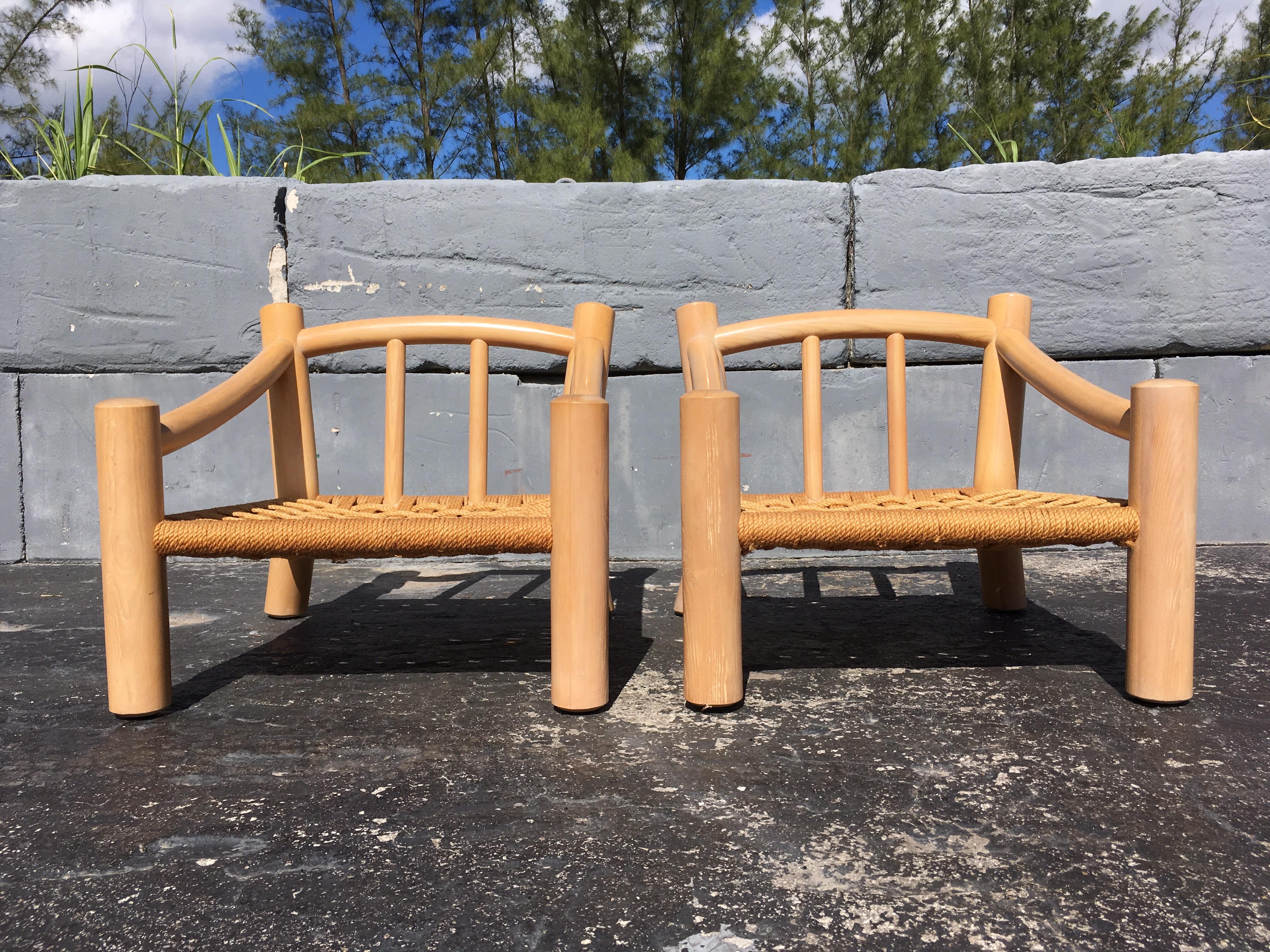 Pair of Lounge Chairs, Solid Wood with Rope, Down Filled Cushions 2