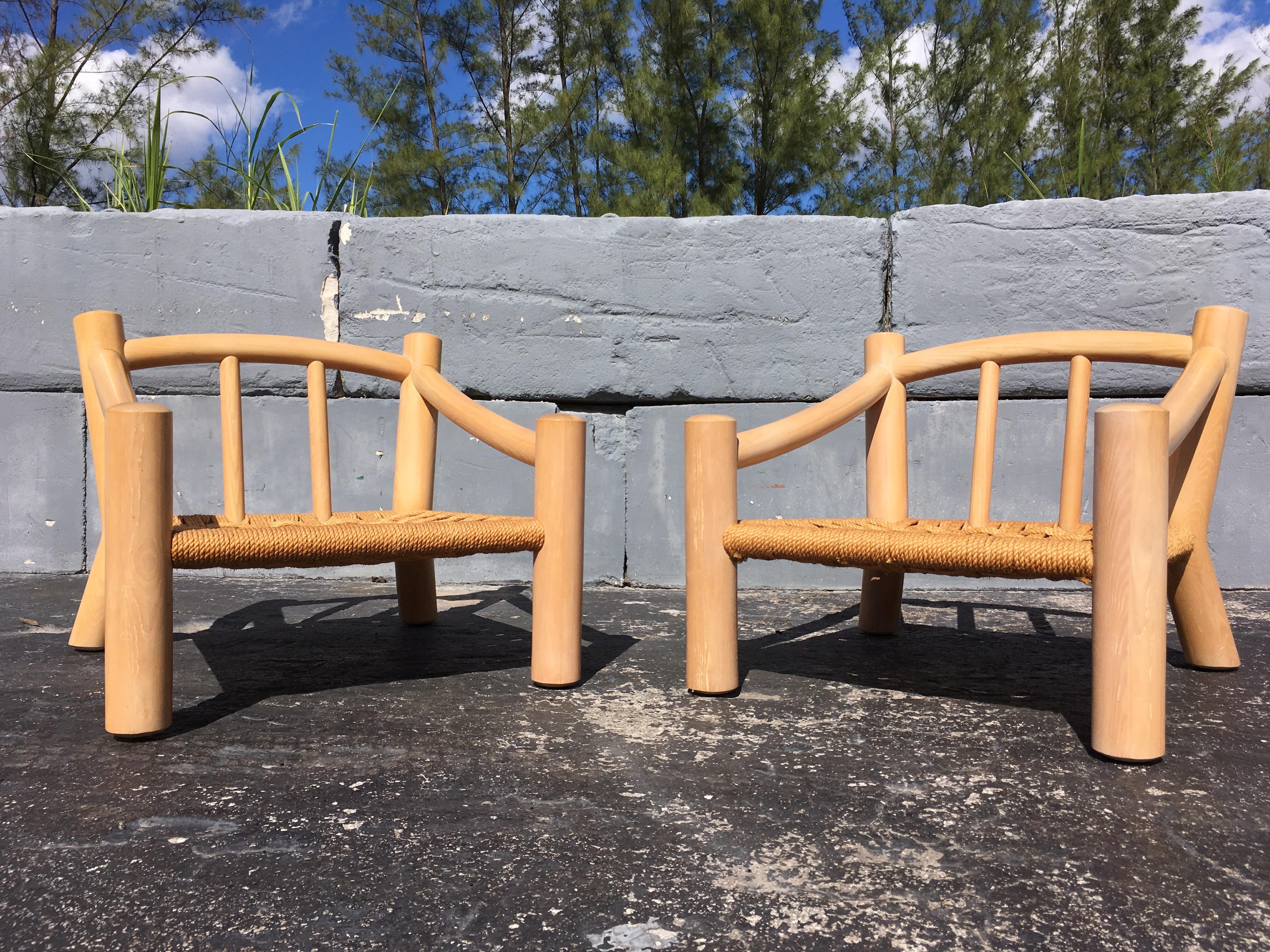 Pair of Lounge Chairs, Solid Wood with Rope, Down Filled Cushions 3