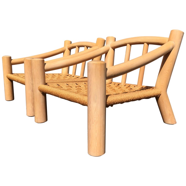 Pair of Lounge Chairs, Solid Wood with Rope, Down Filled Cushions For