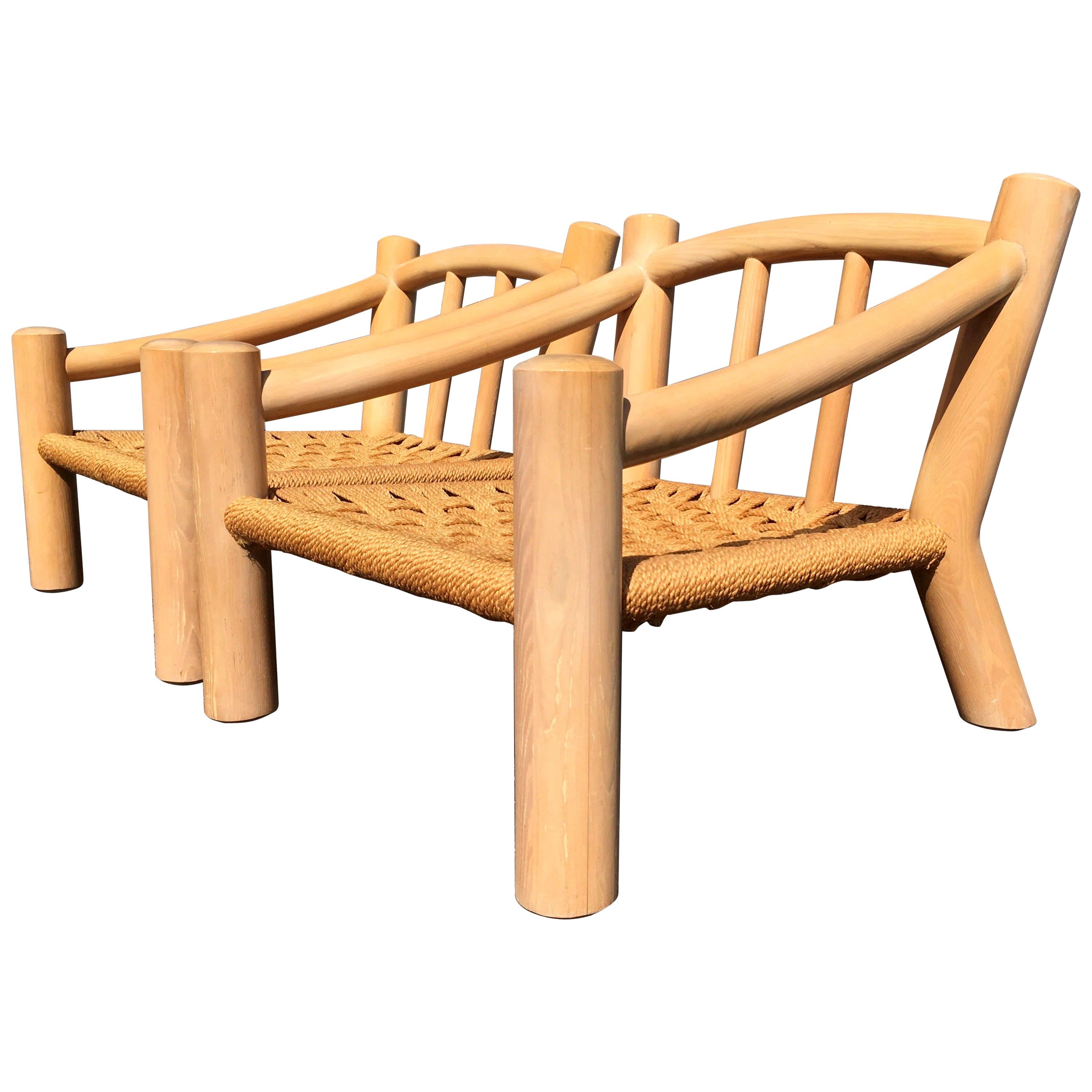 Pair of Italian 1970s RopeInlaid Lounge Chairs with New Cushions For
