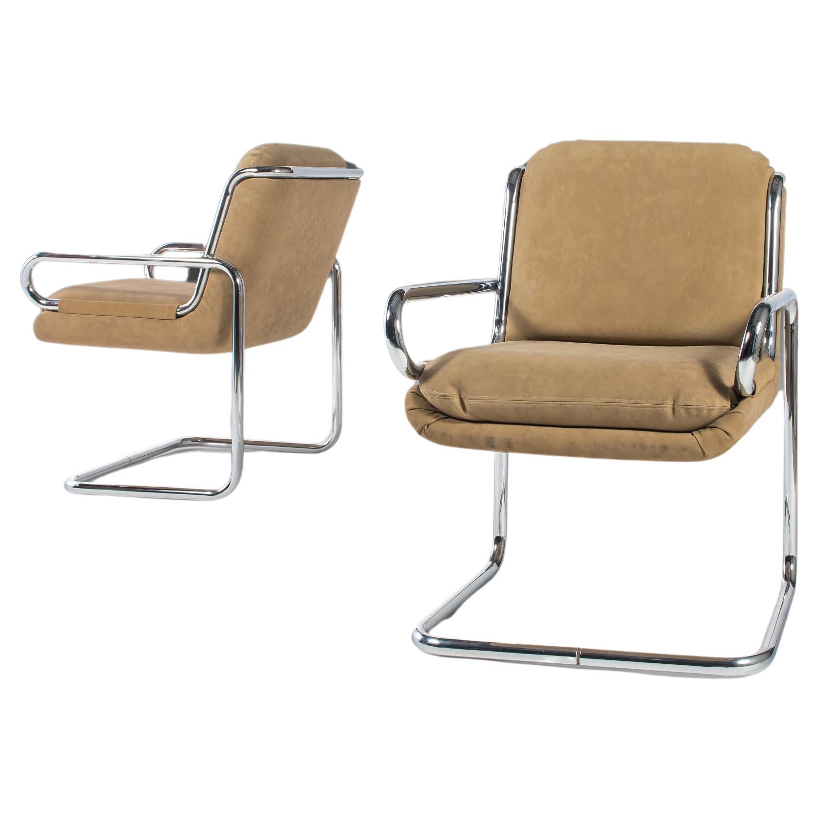 Pair of Lounge Chairs Tubular Chrome Lounge Chairs by Dunbar Dux, c. 1970s For Sale