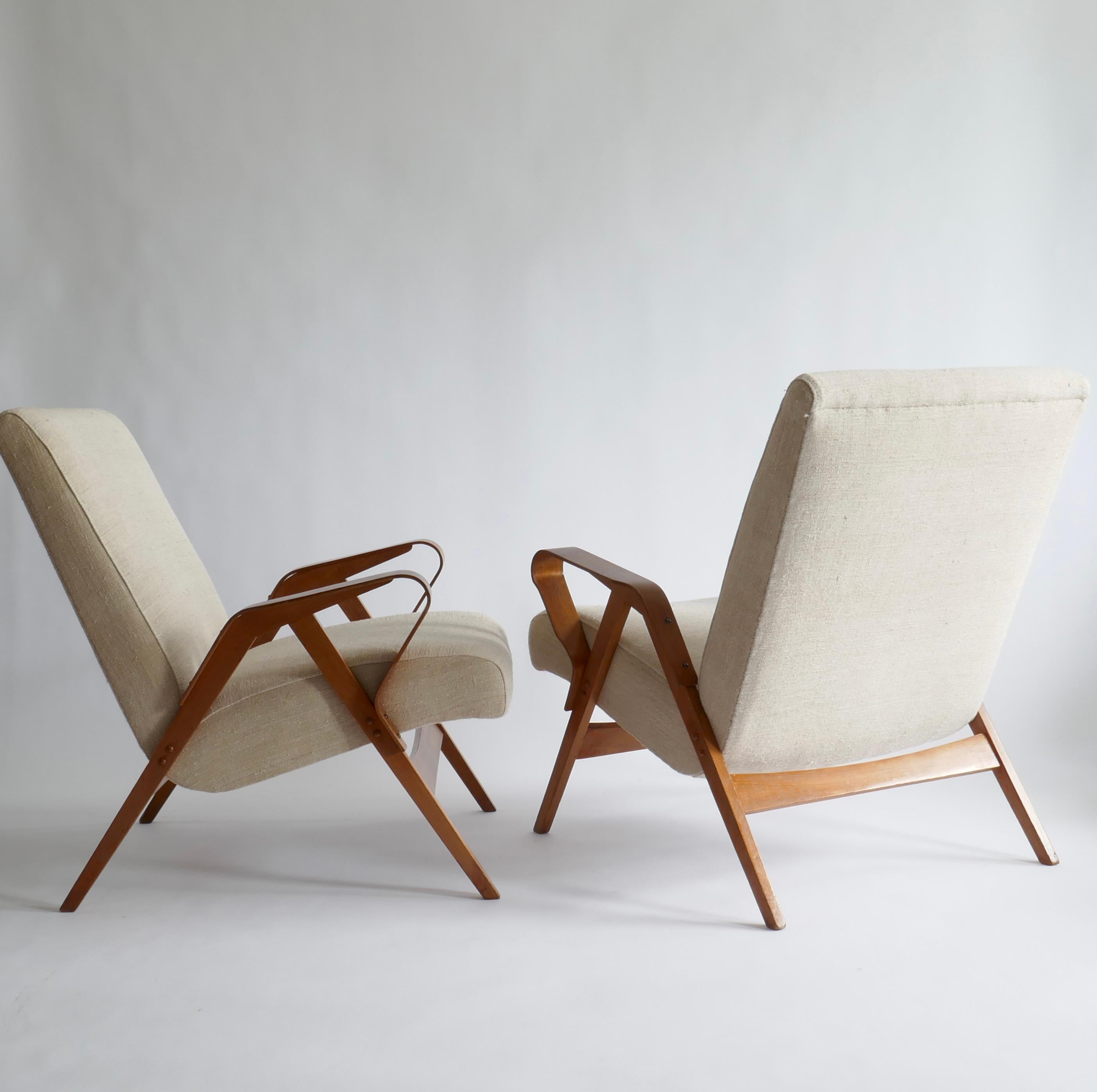 Pair of Lounge Chairs Upholstered in off White Vintage Linen, 1960s 3
