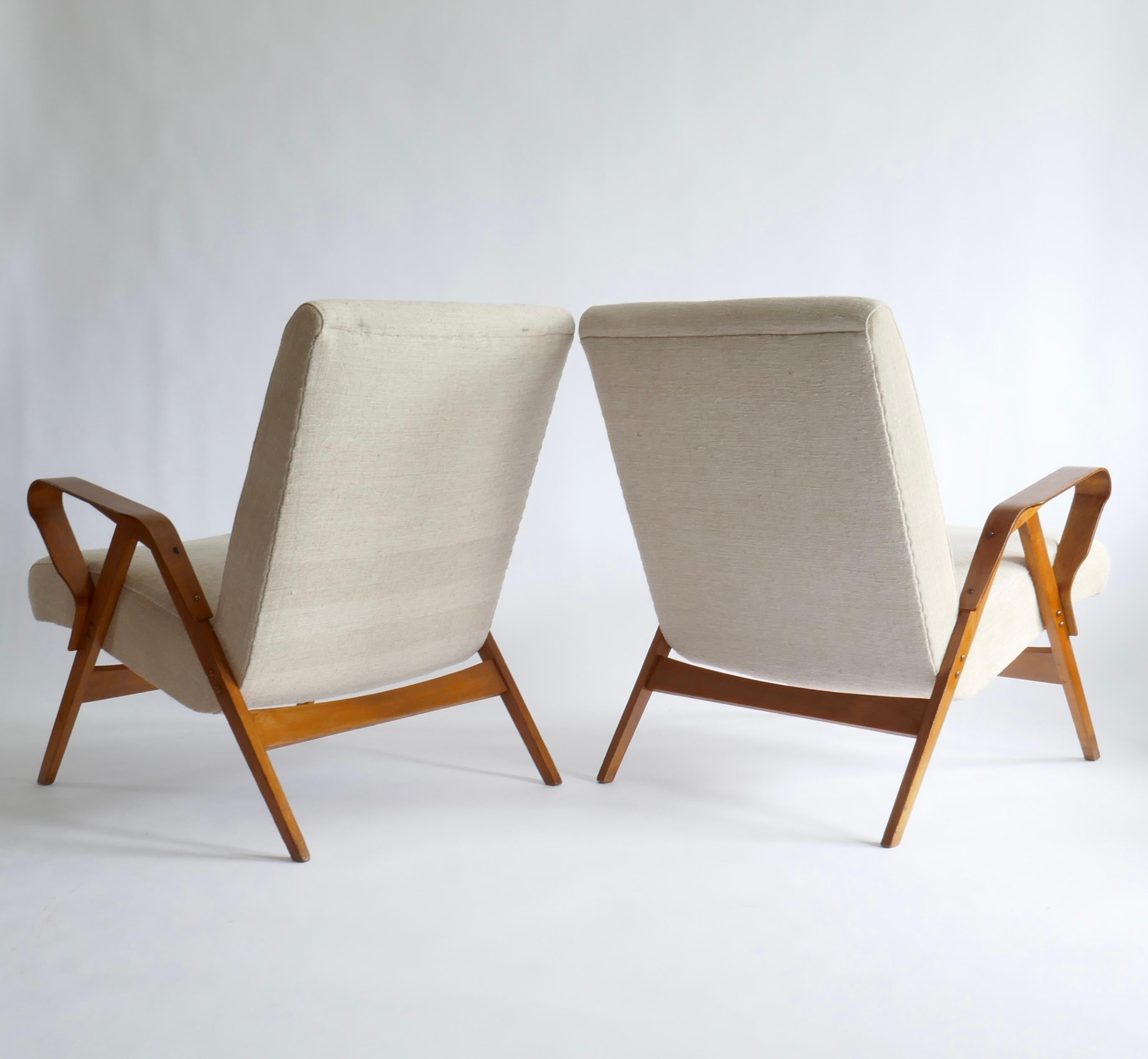 Upholstery Pair of Lounge Chairs Upholstered in off White Vintage Linen, 1960s
