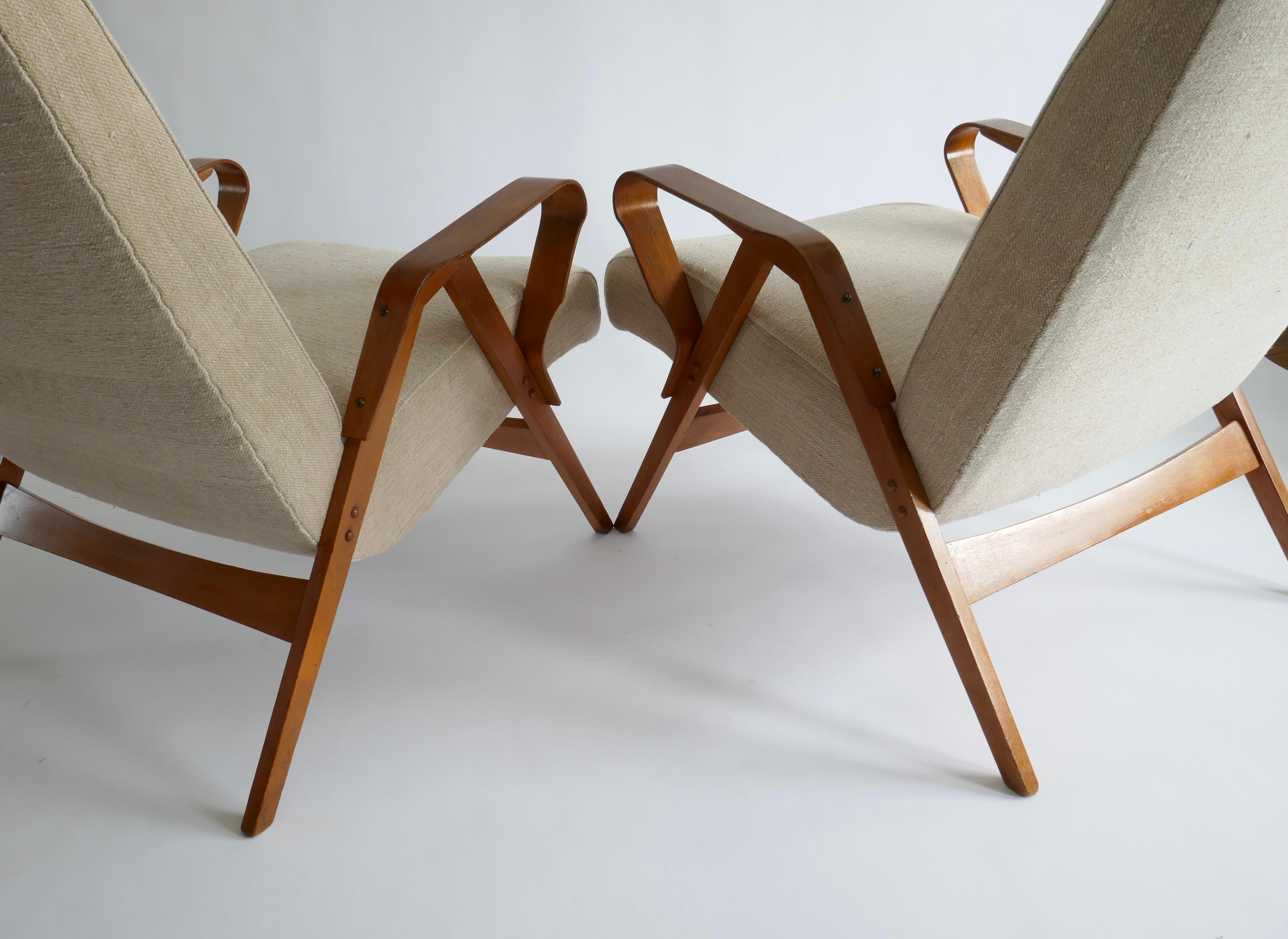Pair of Lounge Chairs Upholstered in off White Vintage Linen, 1960s 2