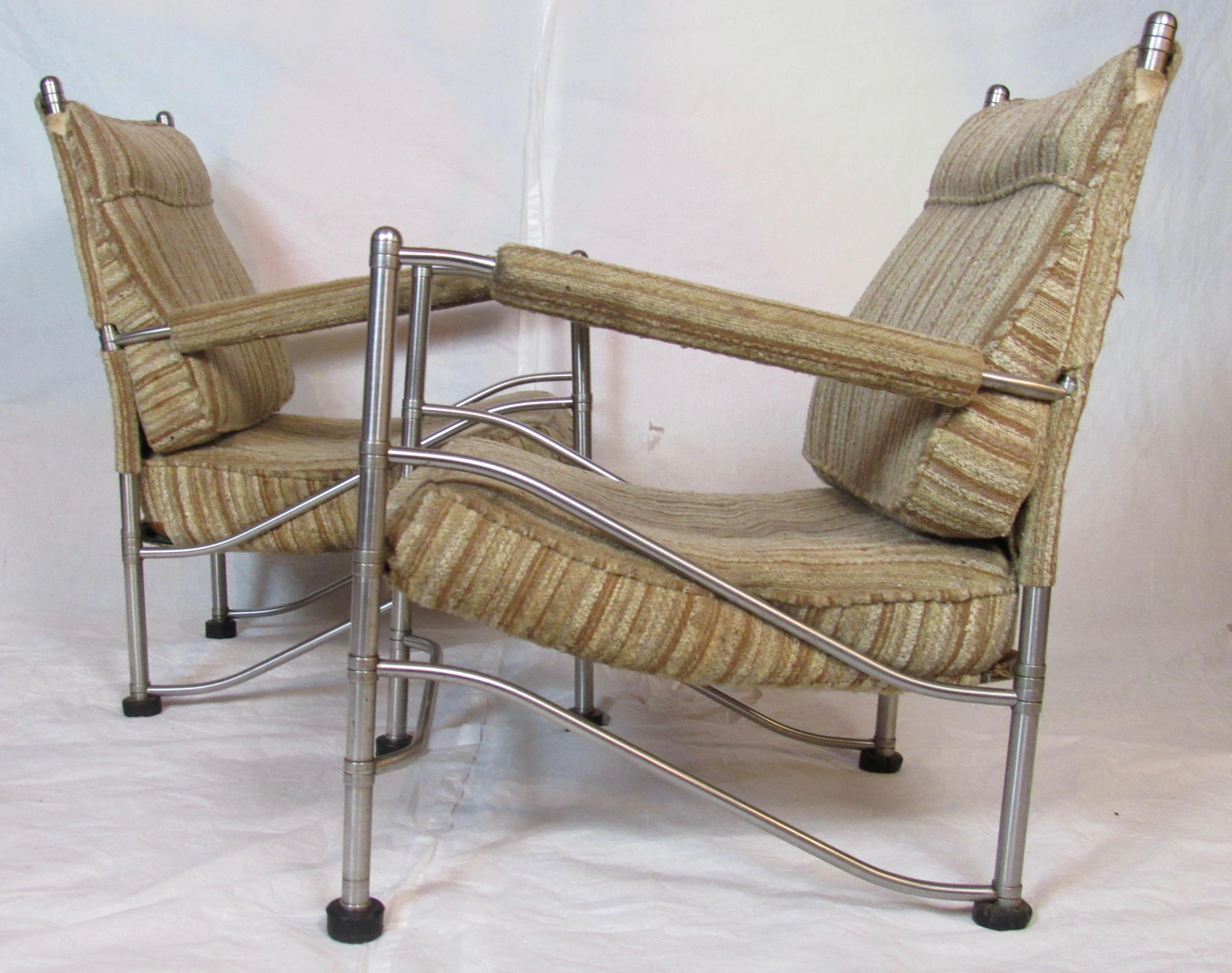 A pair of lounge chairs by the Warren McArthur Corporation from the mid-1930s with stainless steel frames. 

Union Carbide commissioned this pair of lounge chairs with 14 other McArthur pieces in stainless steel for the terrace of a summer home in