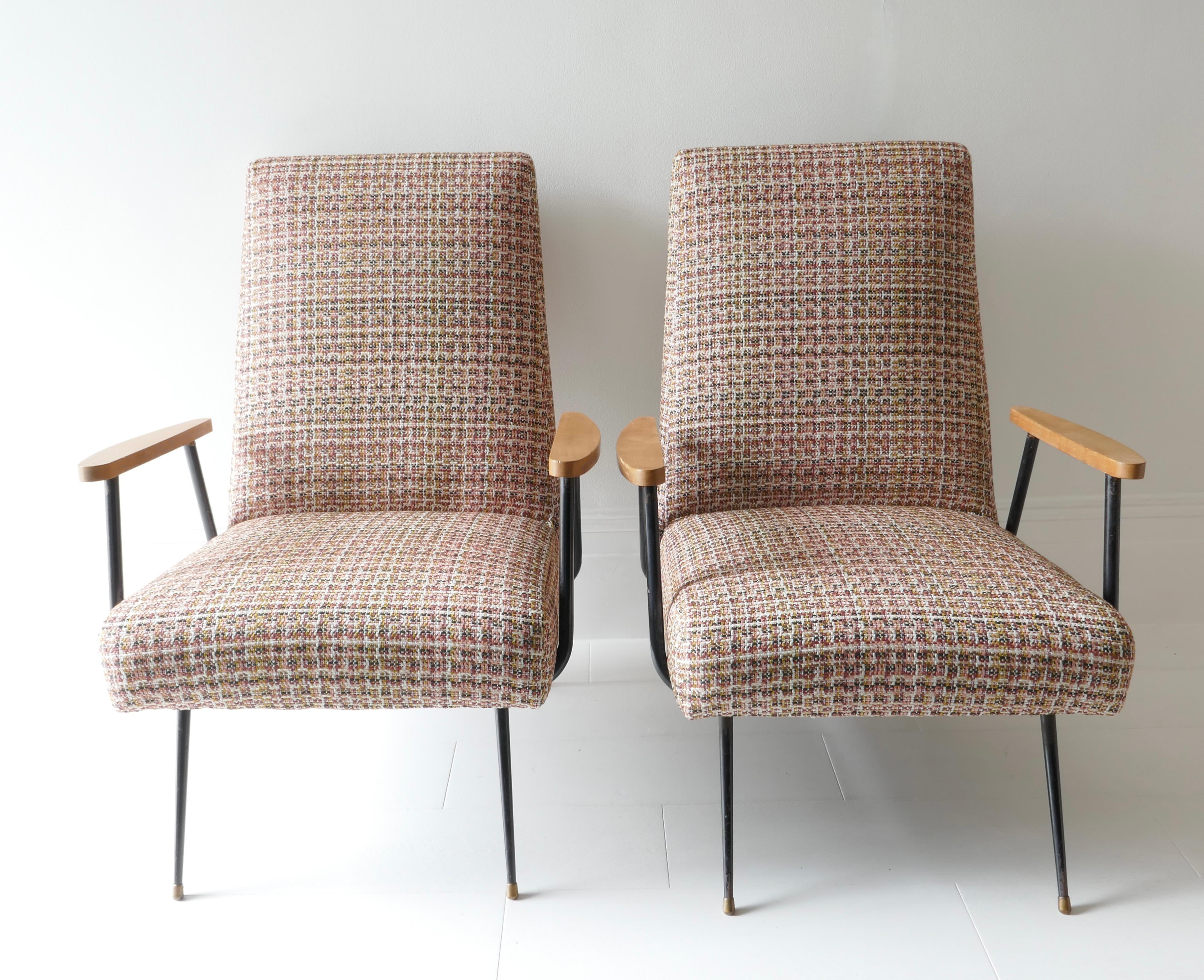 Pair of Lounge Chairs with Black Metal Legs and Wood Arm Rest, France, 1960s  5