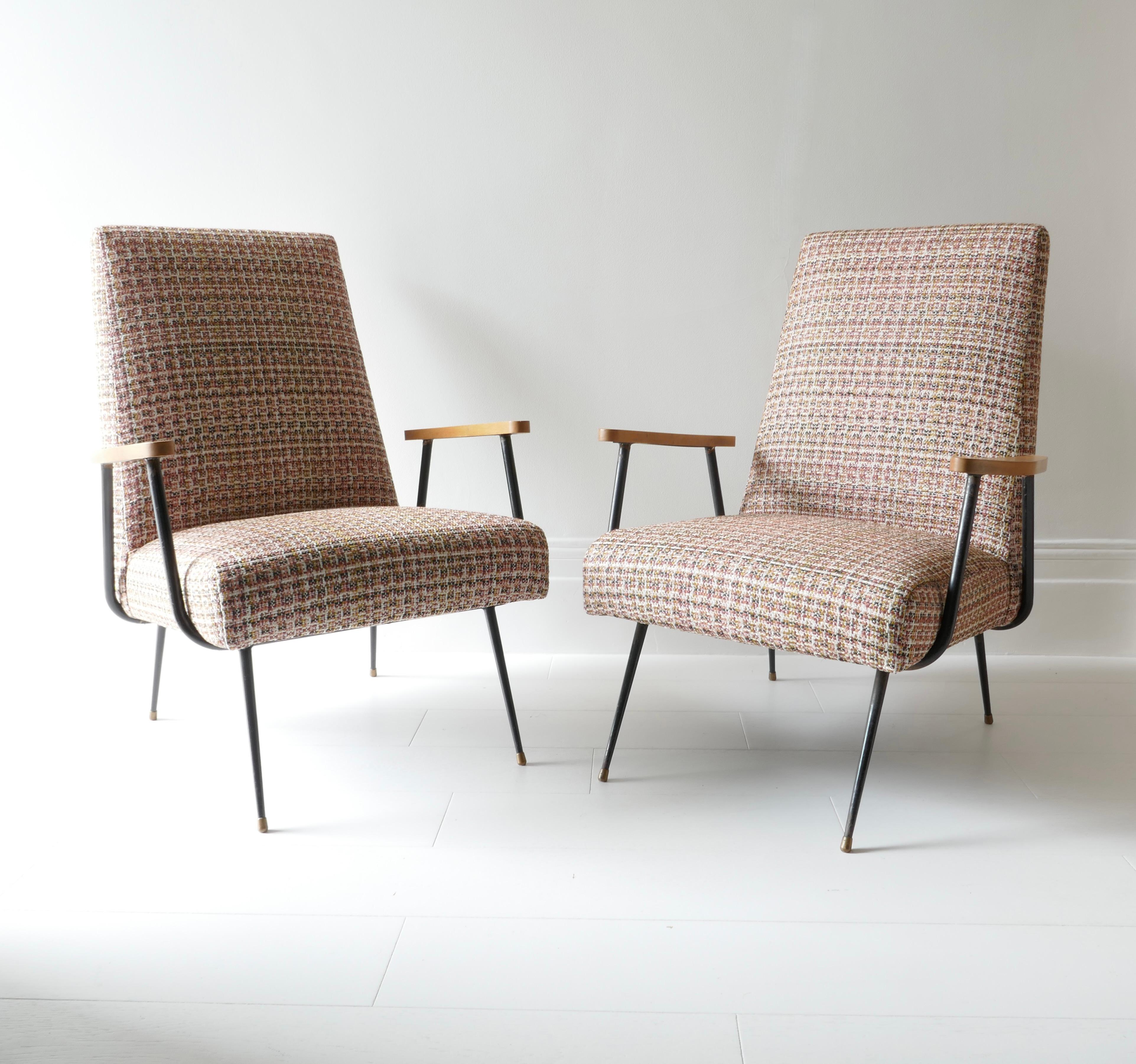 Pair of French armchairs reupholstered in a beautiful weaved pattern fabric in Terra di Siena colour with blended colours and complex pattern. 
This fabric is part of Casamance's outdoor/indoor collection which focuses on natural look fabrics.
The