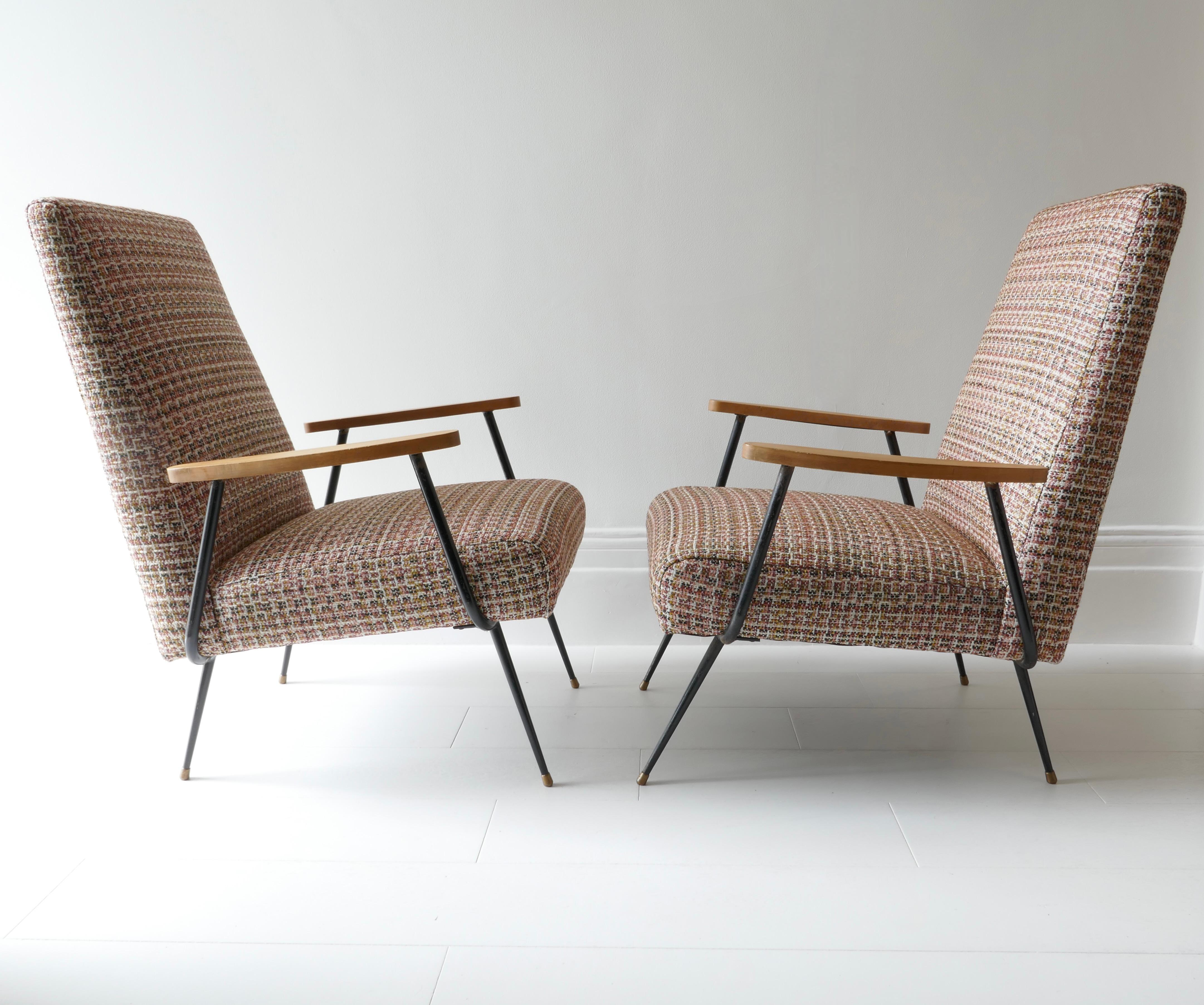 Pair of Lounge Chairs with Black Metal Legs and Wood Arm Rest, France, 1960s  1
