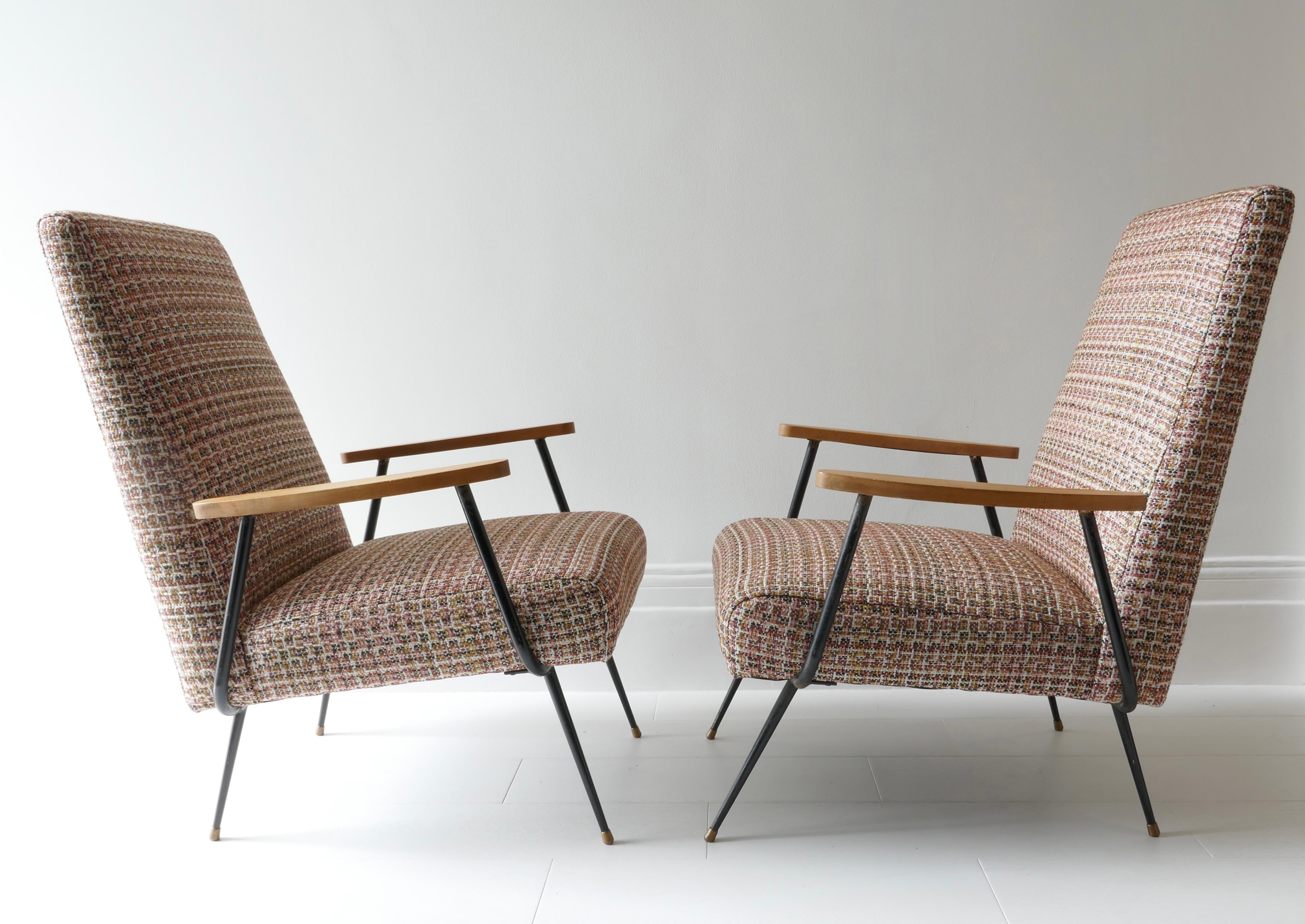 Pair of Lounge Chairs with Black Metal Legs and Wood Arm Rest, France, 1960s  2