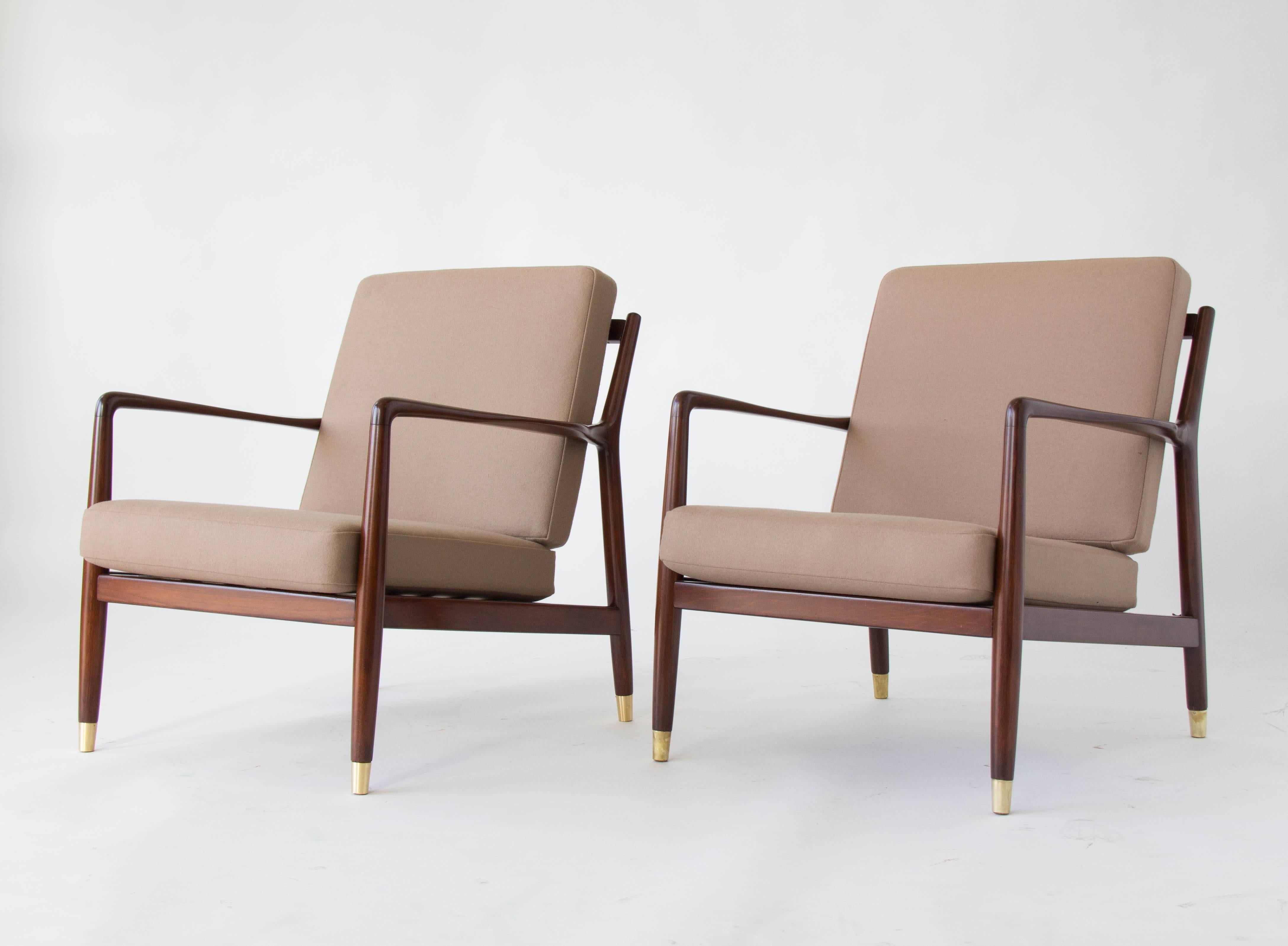 Scandinavian Modern Pair of Lounge Chairs with Brass-Capped Legs by Folke Ohlsson for DUX