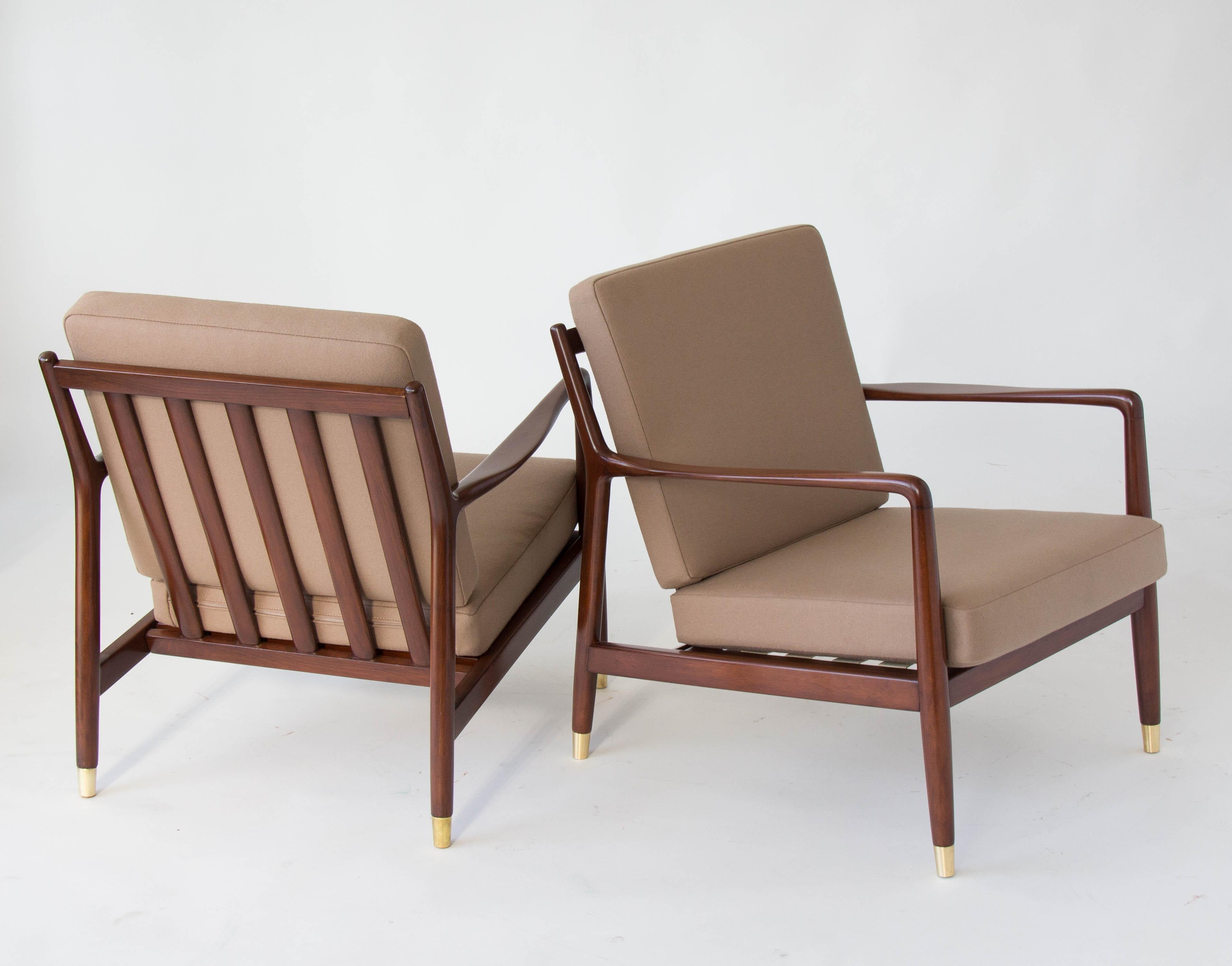 Pair of Lounge Chairs with Brass-Capped Legs by Folke Ohlsson for DUX 1