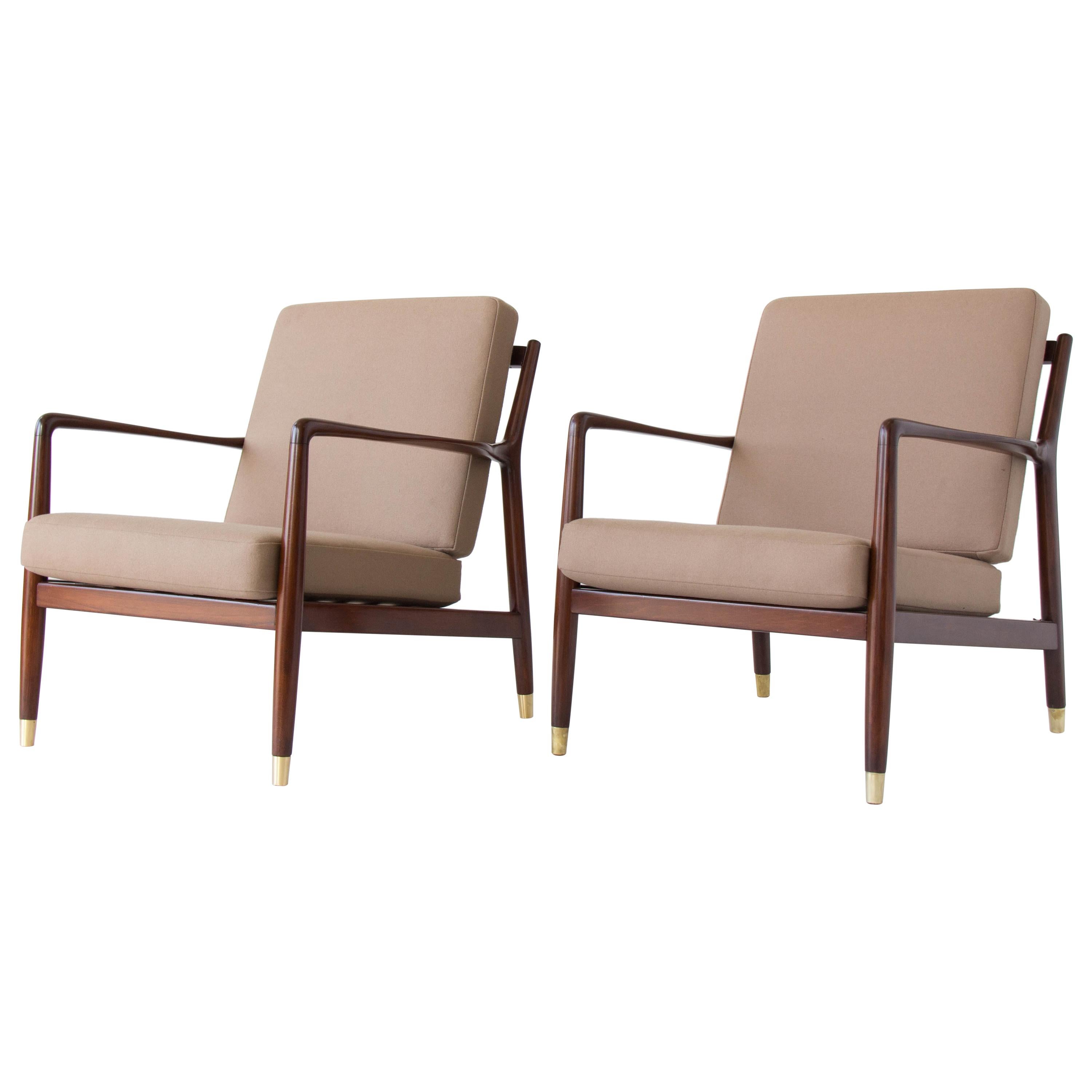 Pair of Lounge Chairs with Brass-Capped Legs by Folke Ohlsson for DUX