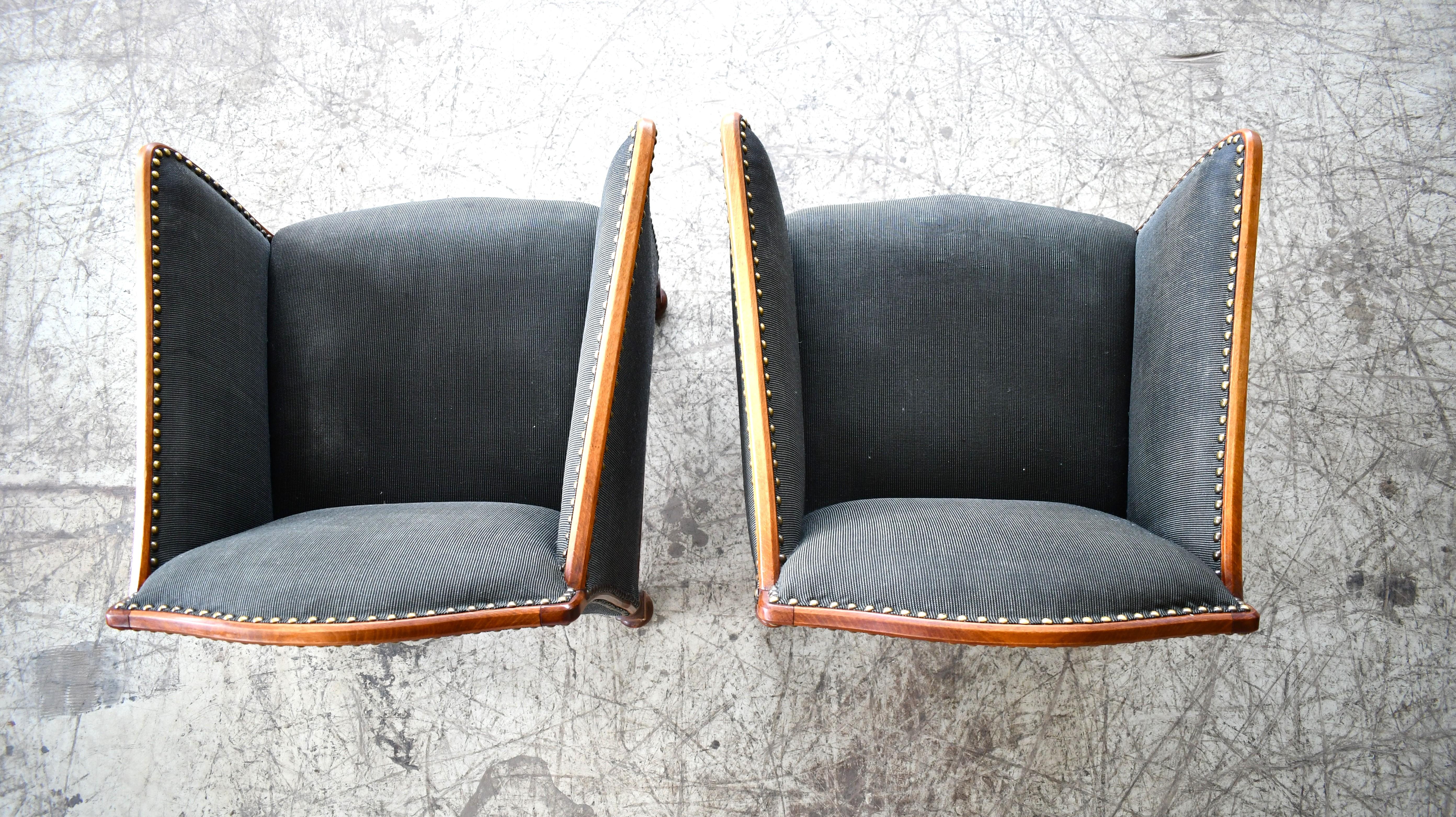 Mid-Century Modern Pair of Lounge Chairs with Carved Beech Wood Frames and Legs, Denmark 1930-40's