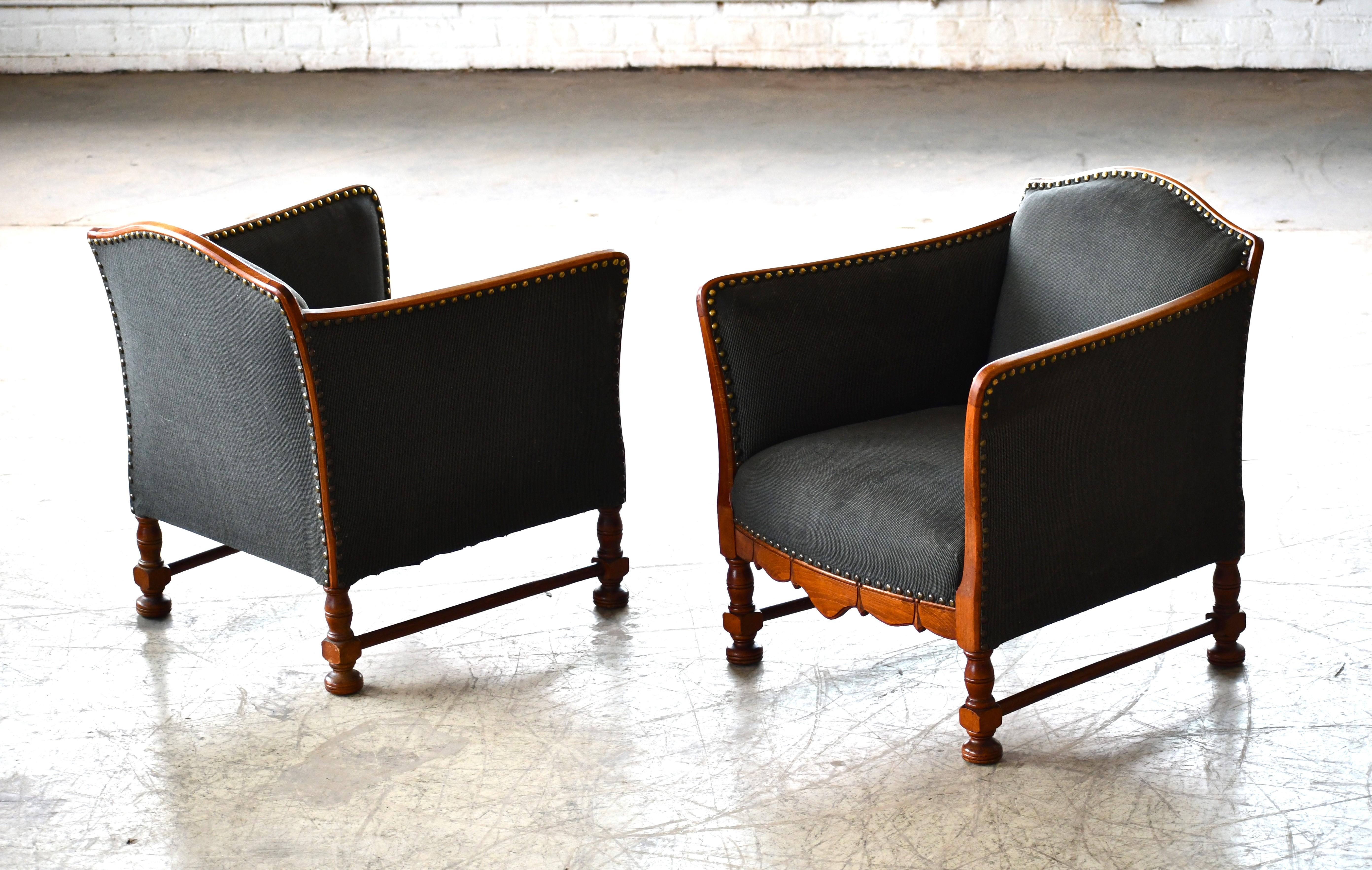 Danish Pair of Lounge Chairs with Carved Beech Wood Frames and Legs, Denmark 1930-40's