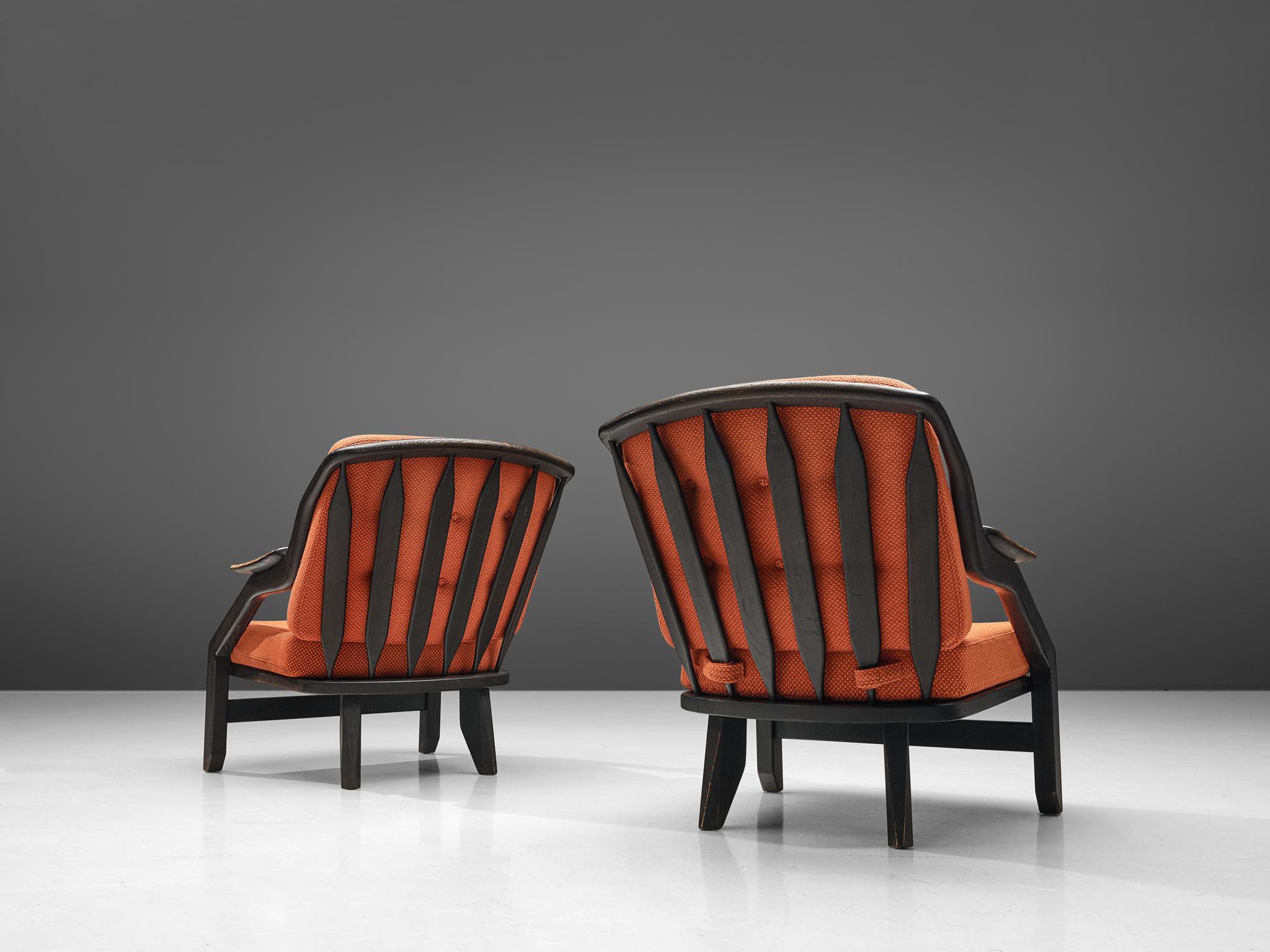 French Pair of Lounge Chairs with Orange Upholstery by Guillerme & Chambron